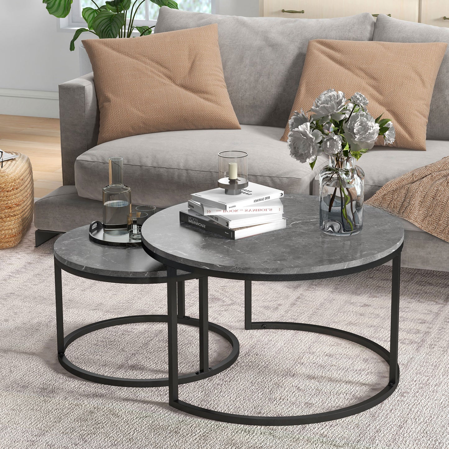 Modern Coffee Table Set of 2, Nesting Side Tables w/ Metal Base for Living Room Bedroom Office Faux Marbled Grey Coffee Tables   at Gallery Canada