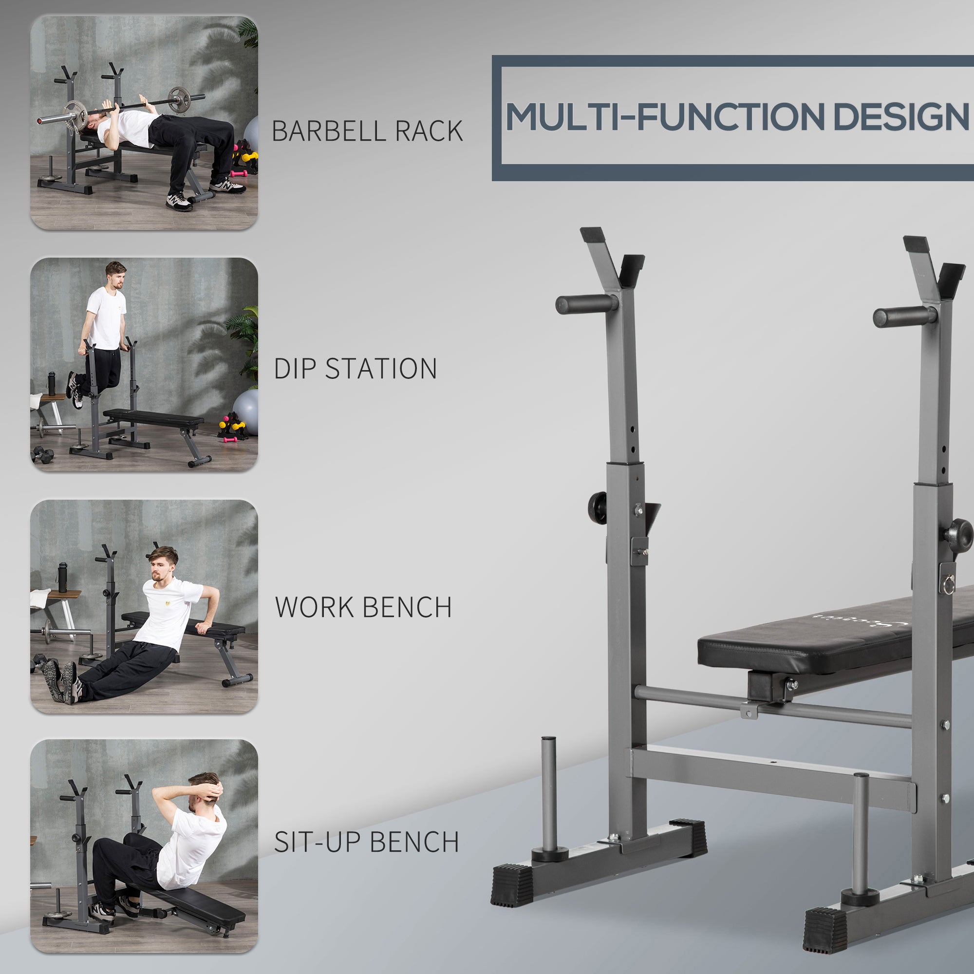 Adjustable Weight Bench, Foldable Bench Press with Barbell Rack and Dip Station for Home Gym, Strength Training Multiuse Workout Bench, Black and Grey Weight Benches at Gallery Canada