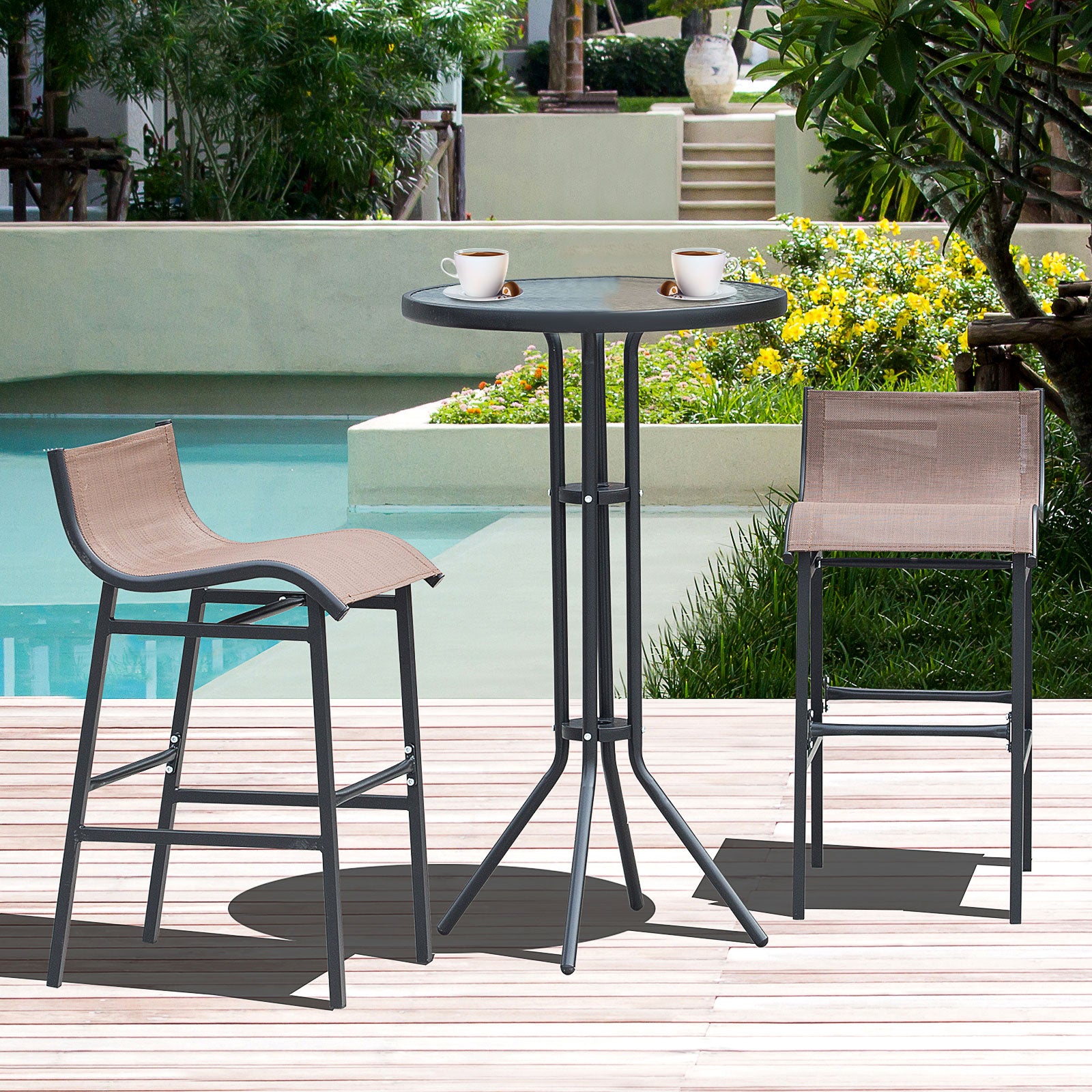 3Pcs Patio Bar Set, Outdoor Bistro Set with 2 Bar Stools and 1 Tempered Glass Bar Table, Dining Chat Set, Brown Bistro Sets at Gallery Canada