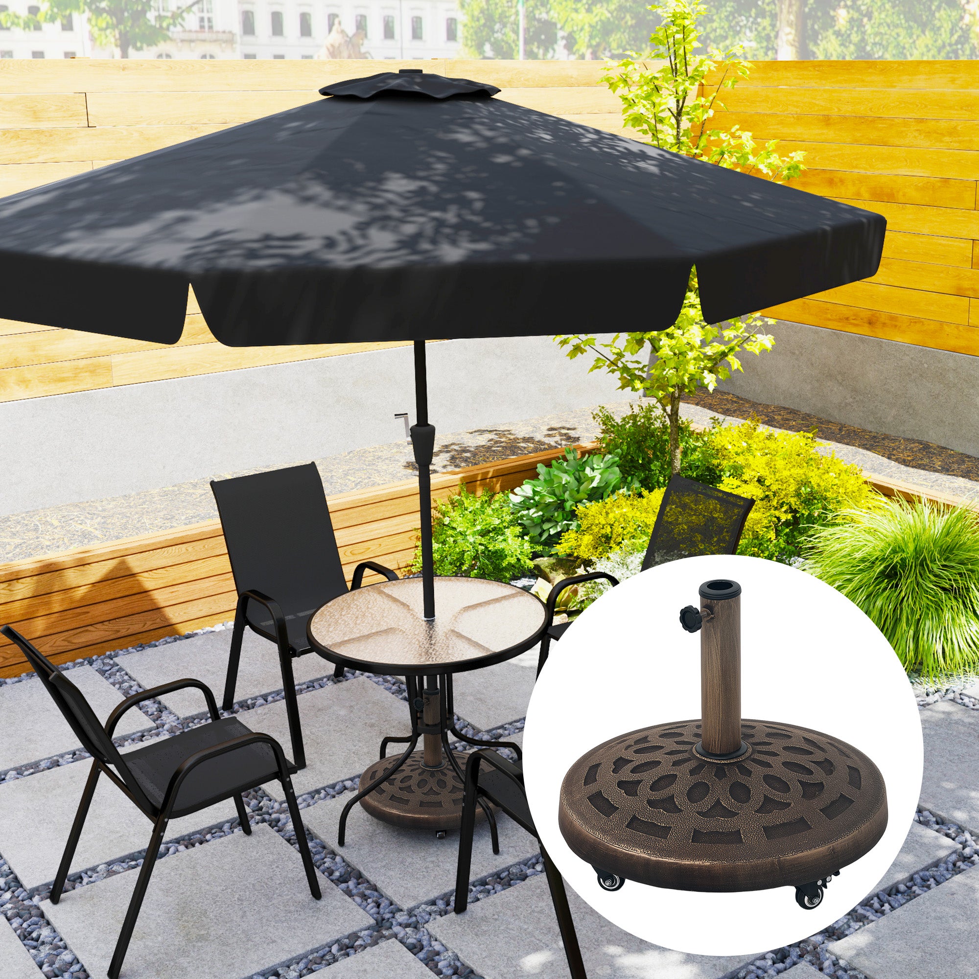 Round Patio Umbrella Base with Wheels, 46lbs Resin Umbrella Stand Base, Heavy Duty Patio Umbrella Holder for 1.3