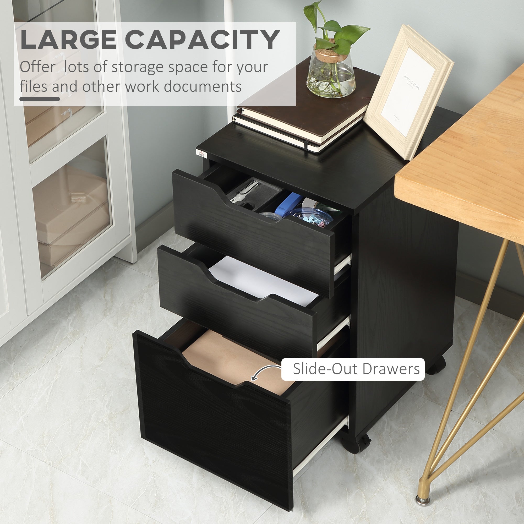 Mobile Filing Cabinet, 3 Drawer File Cabinet, Under Desk Office Storage Cabinet with Wheels, Black Wood Grain Office Cabinets & Cupboards   at Gallery Canada