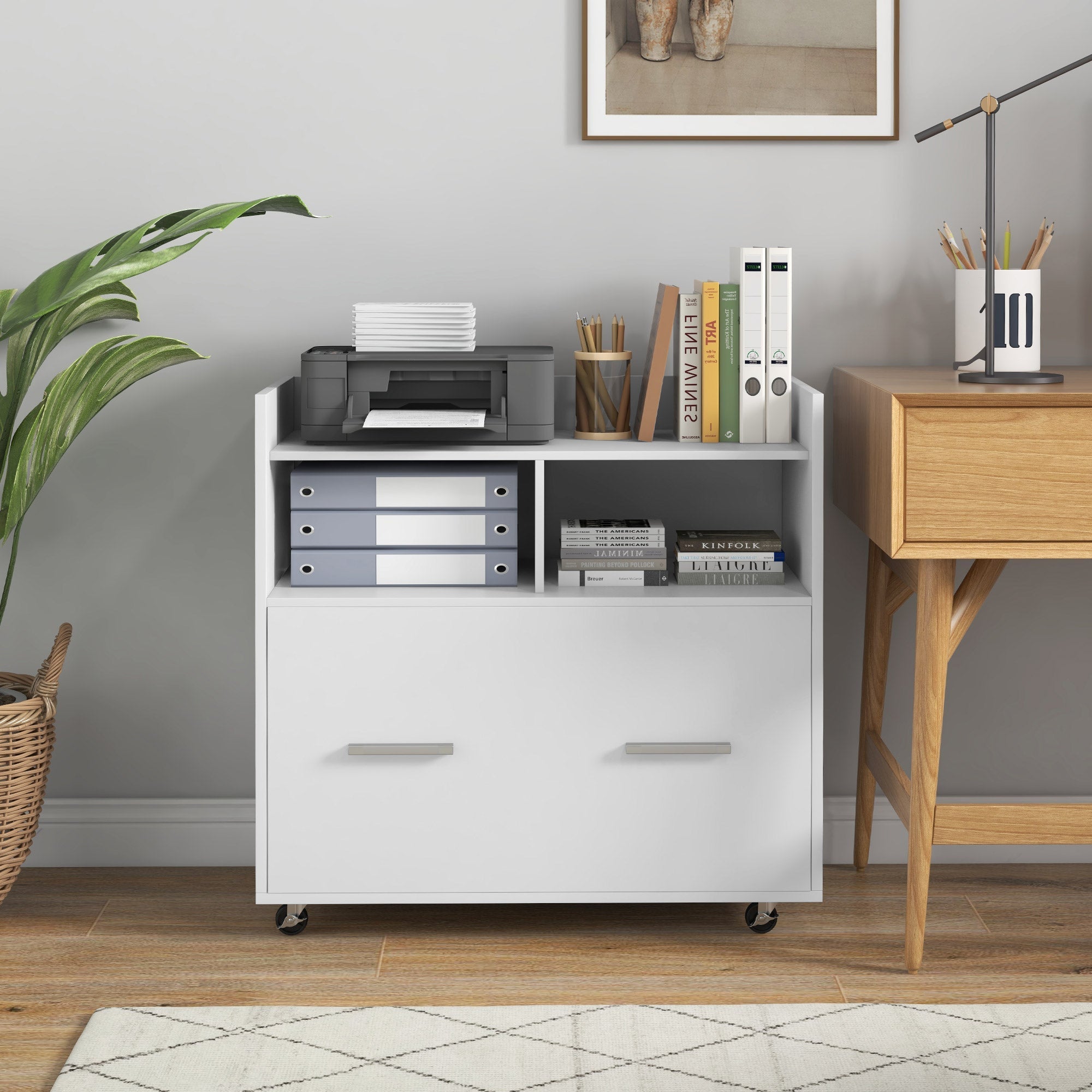 Mobile Filing Cabinet, Rolling File Cabinet with Drawer and Adjustable Hanging Bar for Letter, A4 and Legal Size, White Office Cabinets & Cupboards   at Gallery Canada