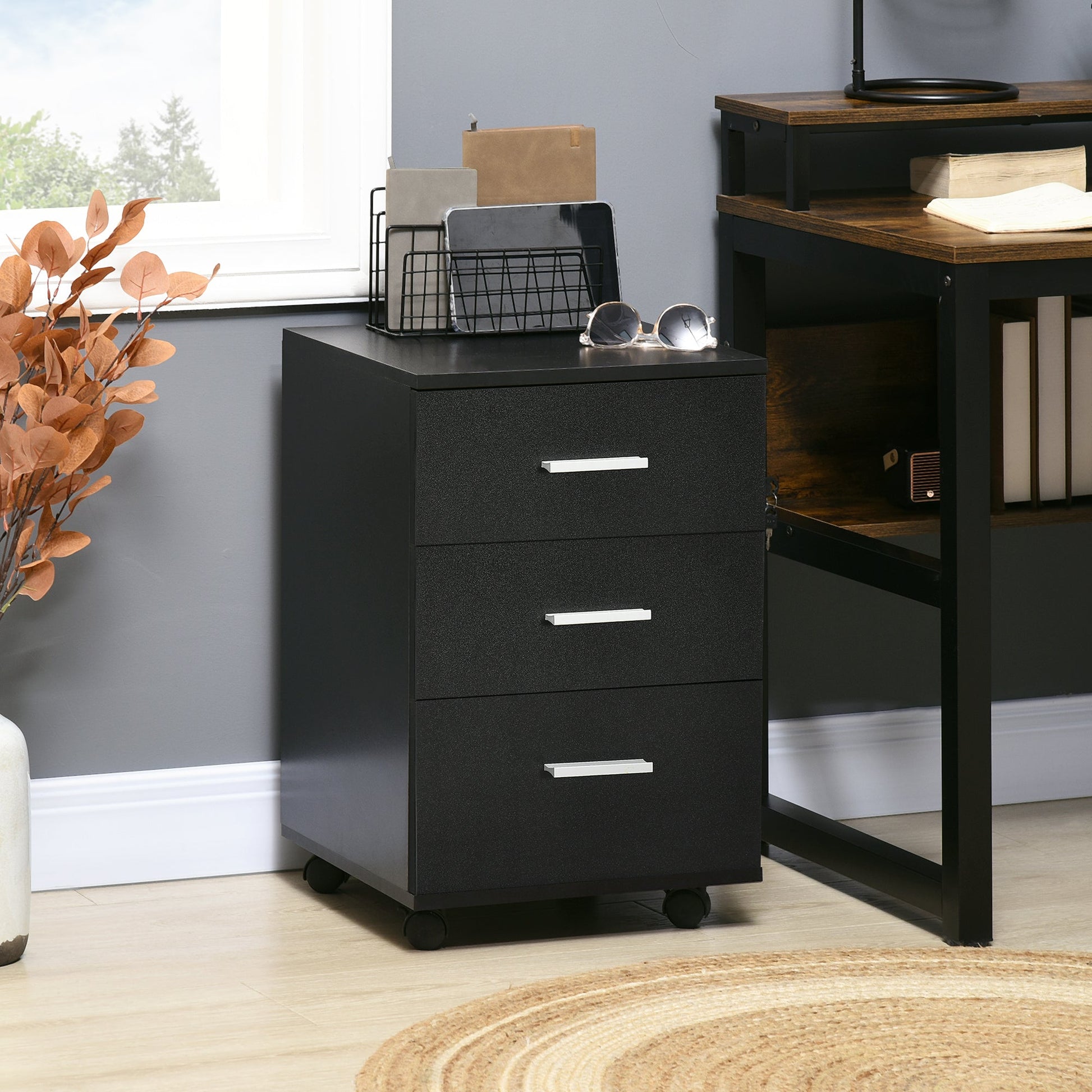 Mobile Filing Cabinet with Wheels, 3 Drawer File Cabinet with Lock and Keys for Home Office, Black Office Cabinets & Cupboards   at Gallery Canada