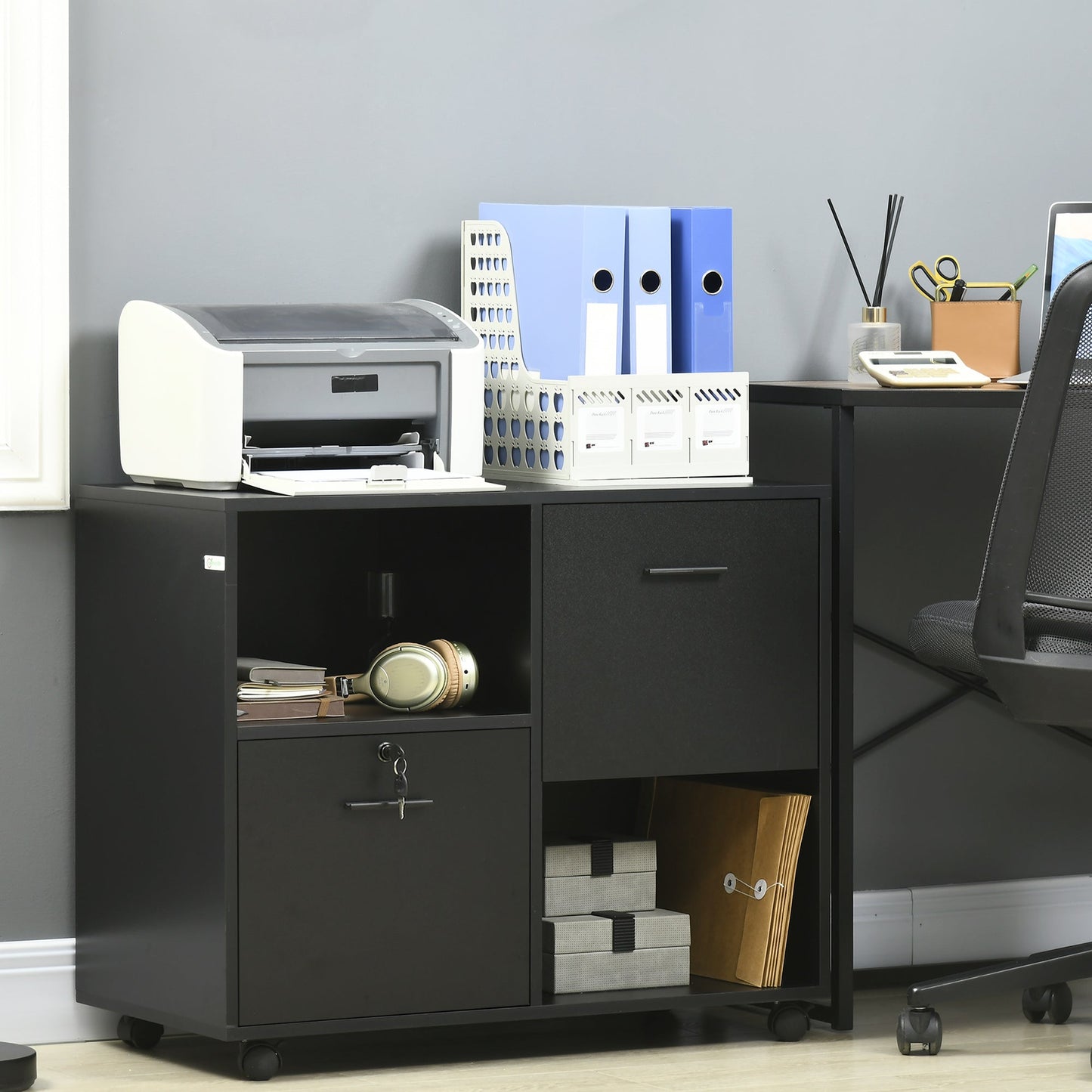 Mobile Printer Stand, Lateral File Cabinet with Lock, Filing Cabinet with Hanging Bars for Letter, A4 Size, Black Office Cabinets & Cupboards   at Gallery Canada