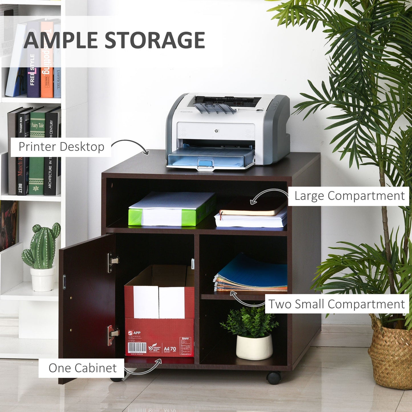 Mobile Printer Stand, Printer Cart with Storage Cupboard, 3 Open Shelves and 4 Rolling Wheels for Home Office, Coffee Office Cabinets & Cupboards   at Gallery Canada