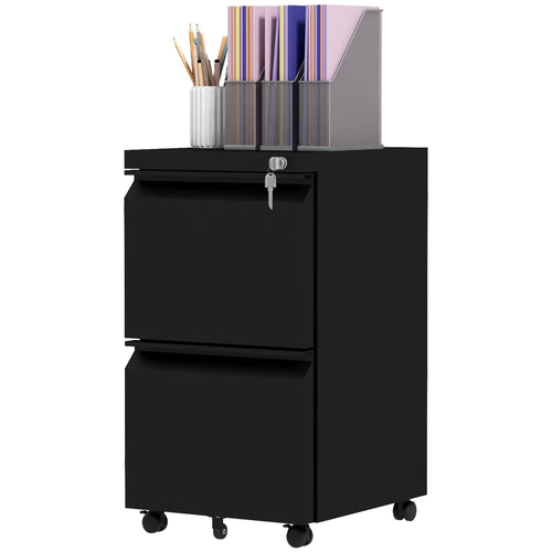 Mobile Vertical Filing Cabinet with Lock, 2-Drawer Steel File Cabinet with Adjustable Hanging Bar for Letter, A4 and Legal Size, Black