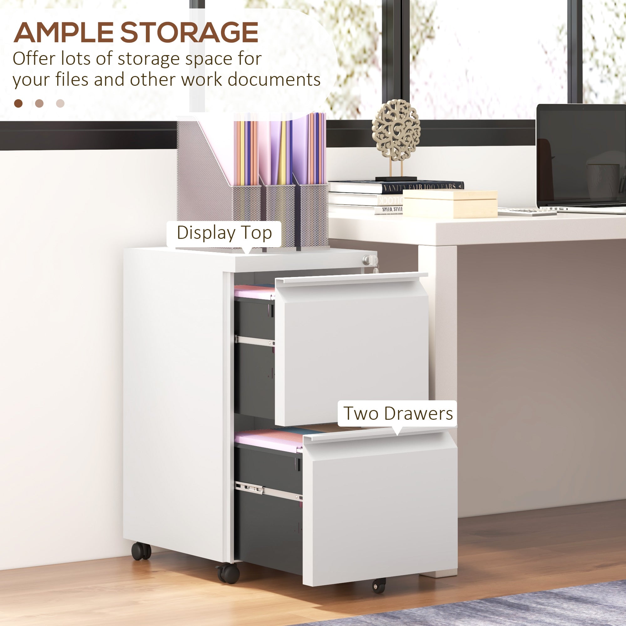 Mobile Vertical Filing Cabinet with Lock, 2-Drawer Steel File Cabinet with Adjustable Hanging Bar for Letter, A4 and Legal Size, White Office Cabinets & Cupboards   at Gallery Canada