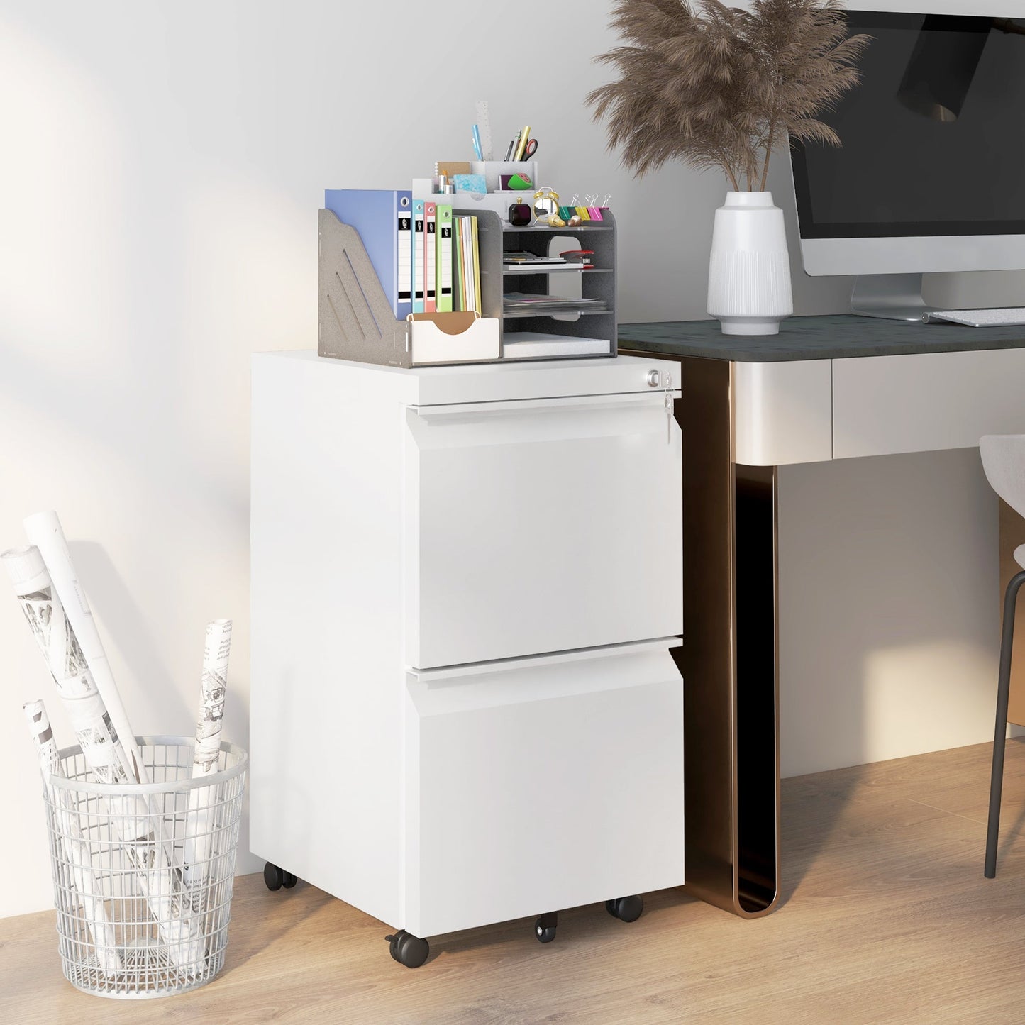 Mobile Vertical Filing Cabinet with Lock, 2-Drawer Steel File Cabinet with Adjustable Hanging Bar for Letter, A4 and Legal Size, White Office Cabinets & Cupboards   at Gallery Canada