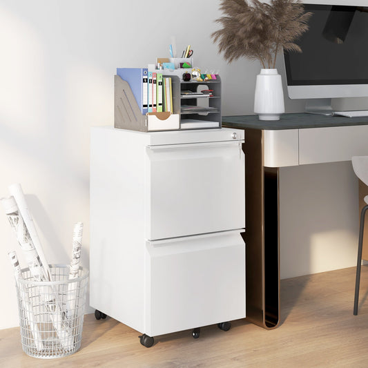 Mobile Vertical Filing Cabinet with Lock, 2-Drawer Steel File Cabinet with Adjustable Hanging Bar for Letter, A4 and Legal Size, White Office Cabinets & Cupboards White  at Gallery Canada