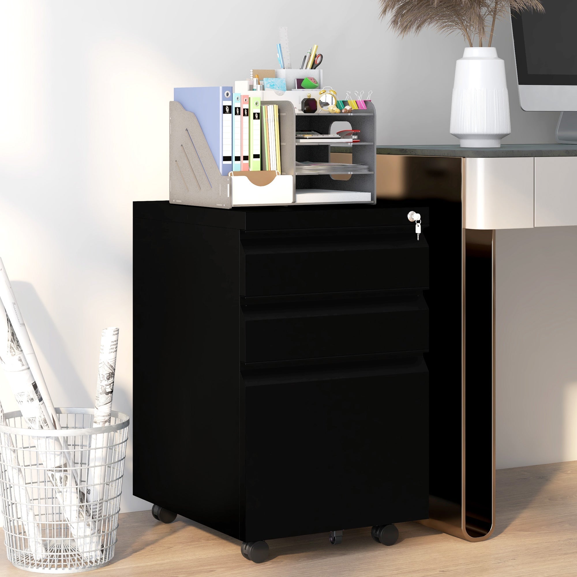 Mobile Vertical Filing Cabinet with Lock, 3-Drawer Steel File Cabinet with Adjustable Hanging Bar for Letter, A4 and Legal Size, Black Office Cabinets & Cupboards   at Gallery Canada