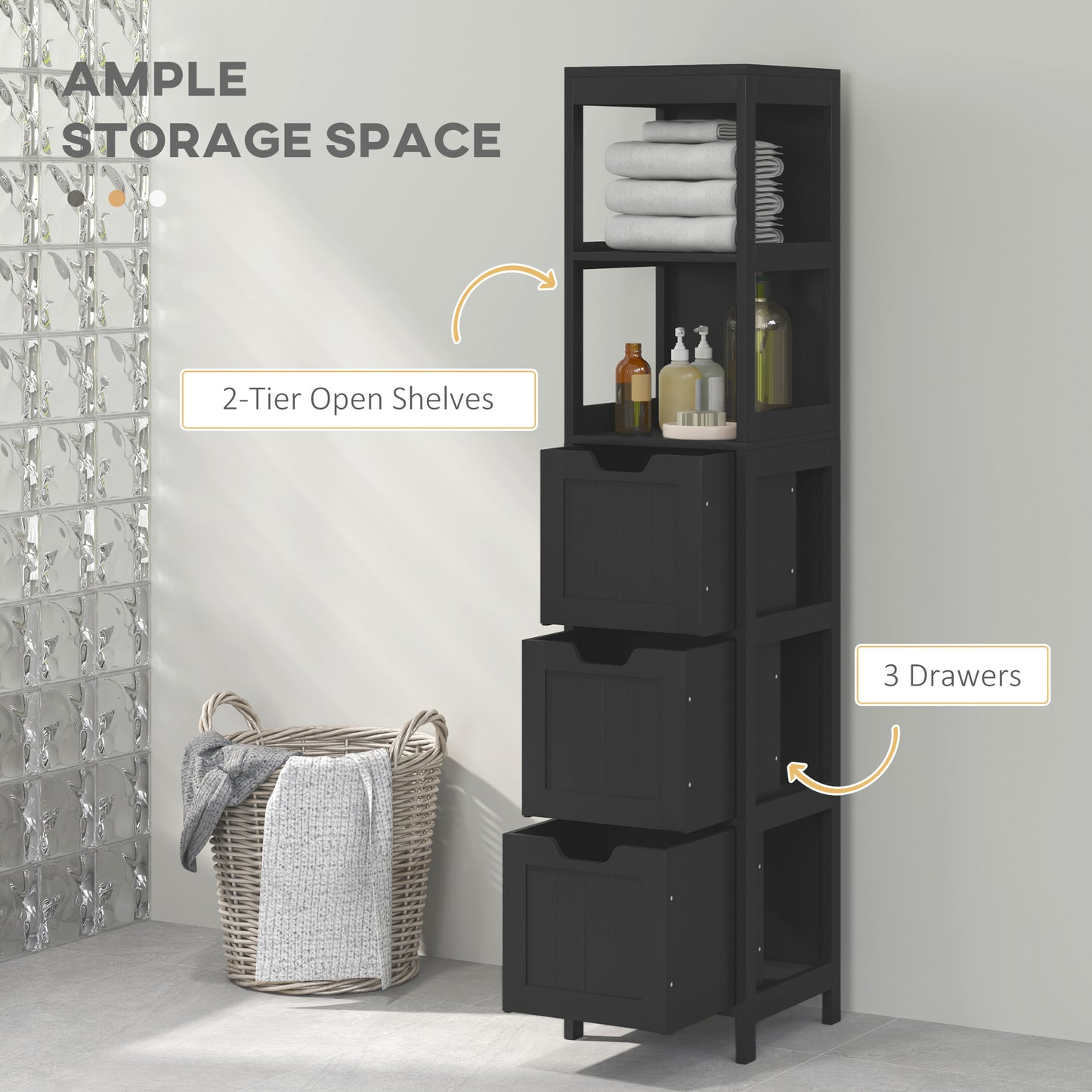 Narrow Bathroom Cabinet with 3 Drawers and 2 Tier Shelf, Tall Cupboard Freestanding Linen Tower, Black Bathroom Cabinets   at Gallery Canada