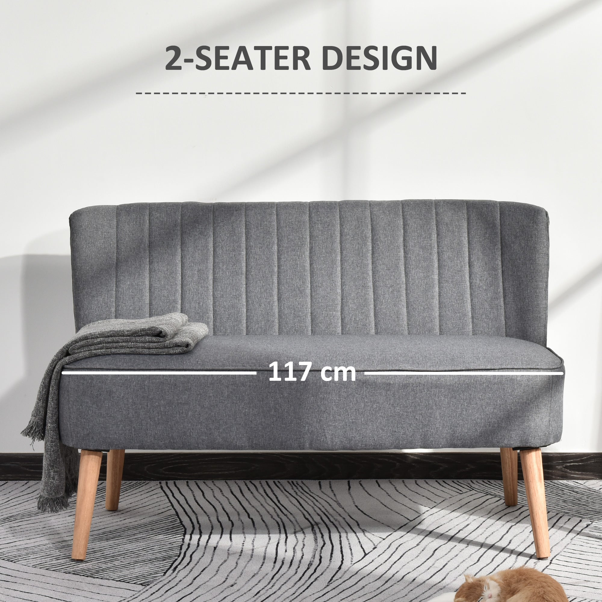 Modern 2 Seat Sofa for Bedroom, Upholstered Two Seater Couch with Rubber Wood Legs, Light Grey 2-Seater Sofas   at Gallery Canada