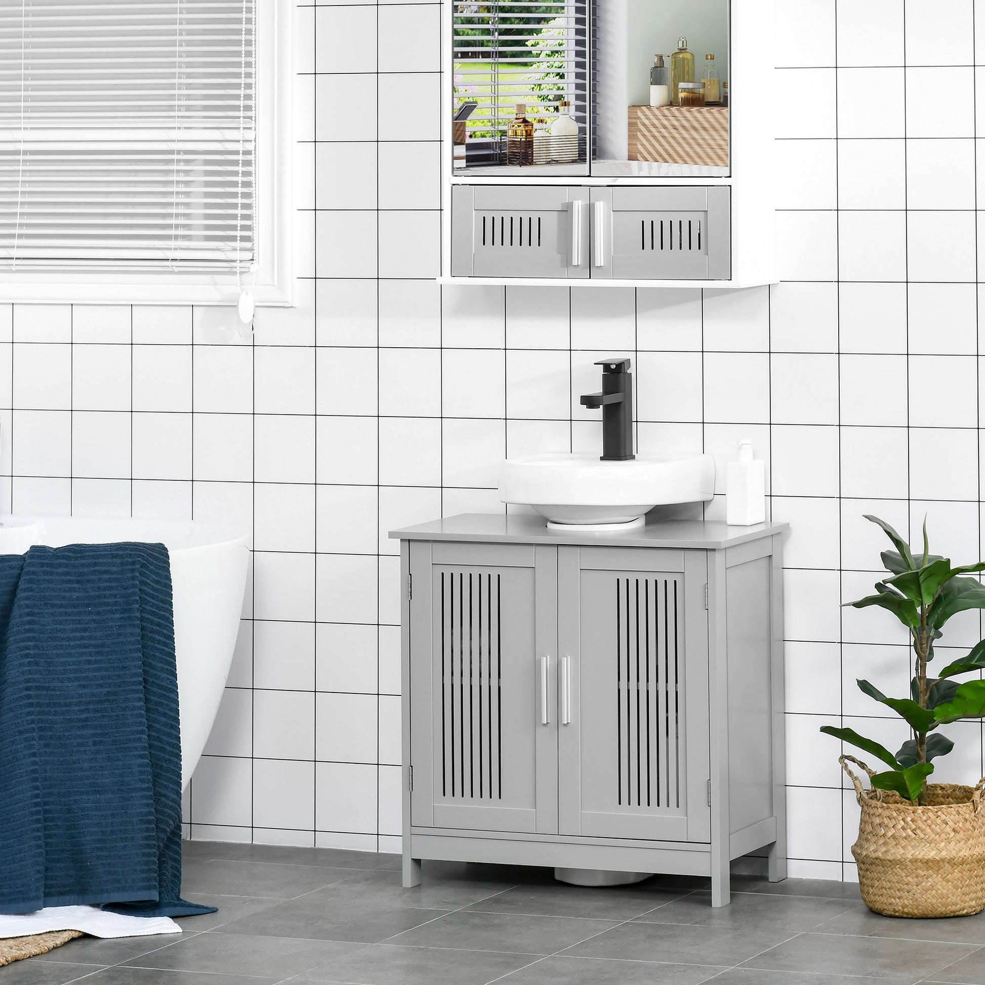 Modern 24" Bathroom Sink Cabinet, Pedestal Sink Storage Cabinet with Double Slat Doors and Shelf, Grey Bathroom Cabinets   at Gallery Canada