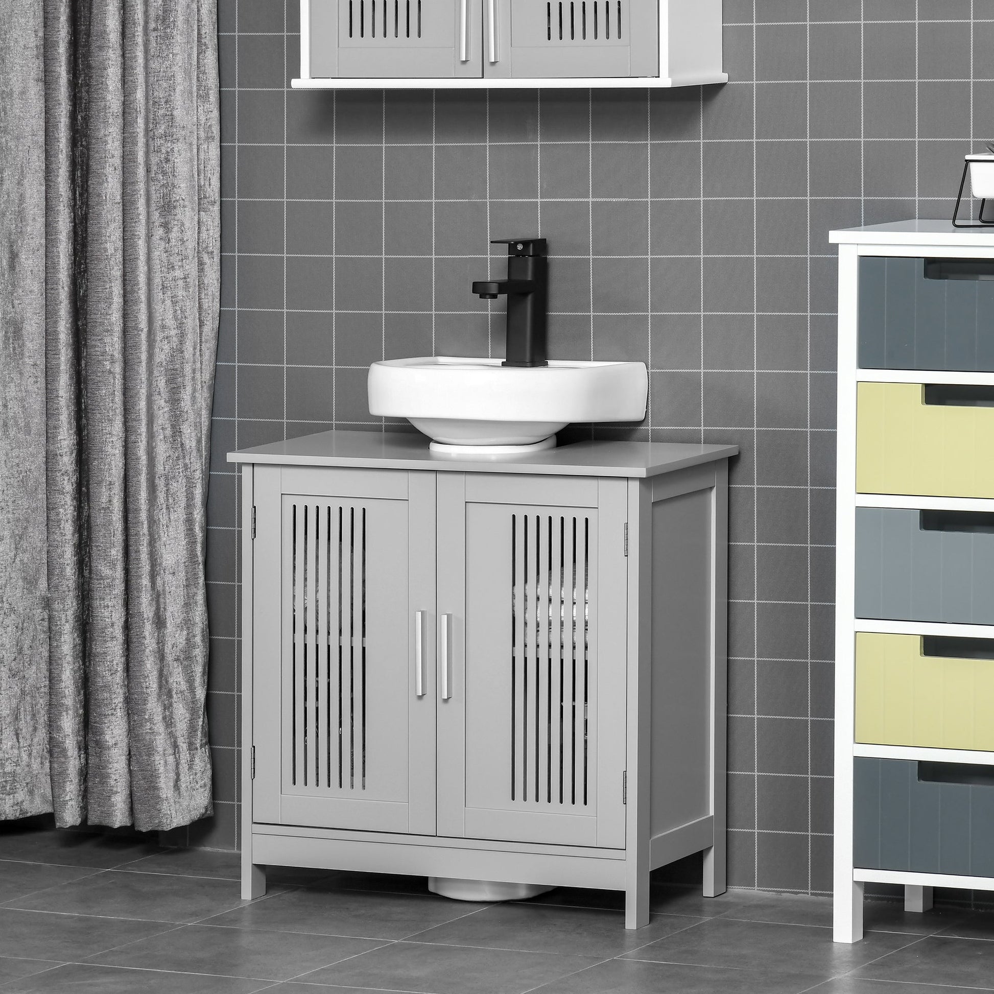 Modern 24" Bathroom Sink Cabinet, Pedestal Sink Storage Cabinet with Double Slat Doors and Shelf, Grey Bathroom Cabinets   at Gallery Canada