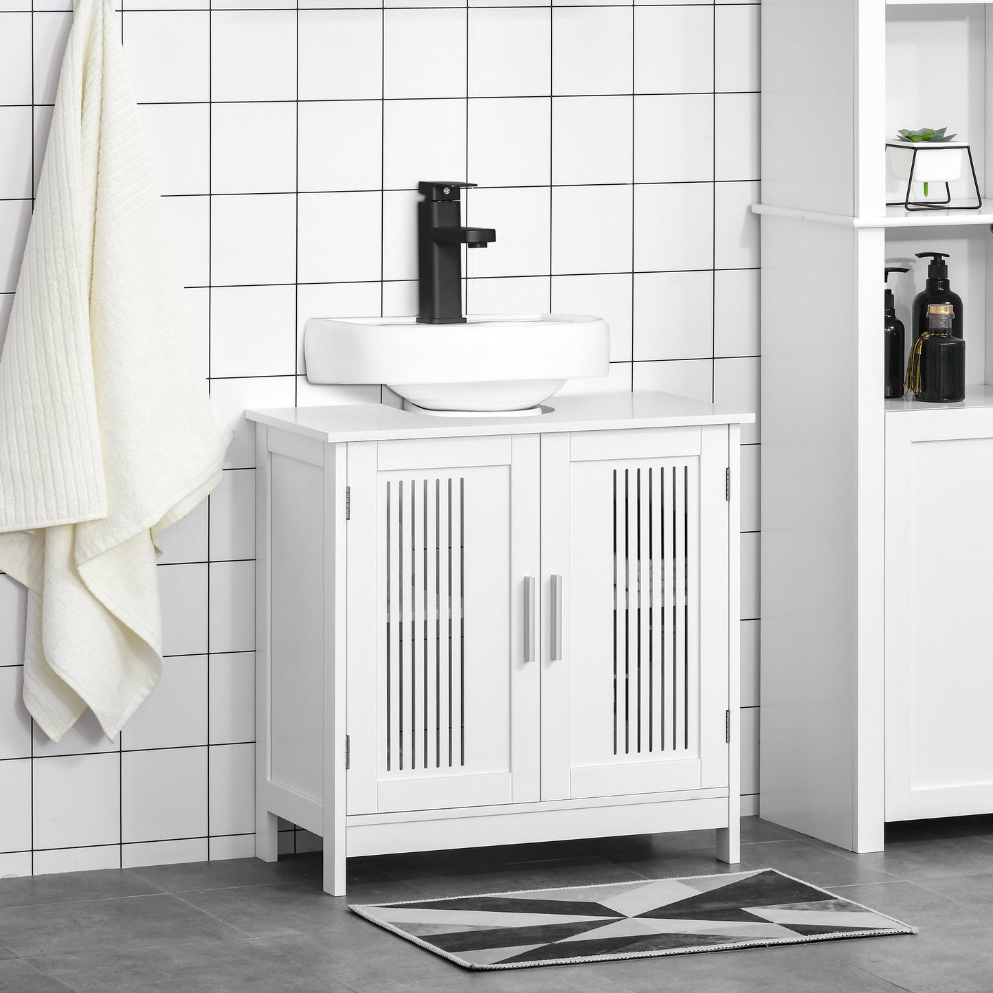 Modern 24" Bathroom Sink Cabinet, Pedestal Sink Storage Cabinet with Double Slat Doors and Shelf, White Bathroom Cabinets   at Gallery Canada