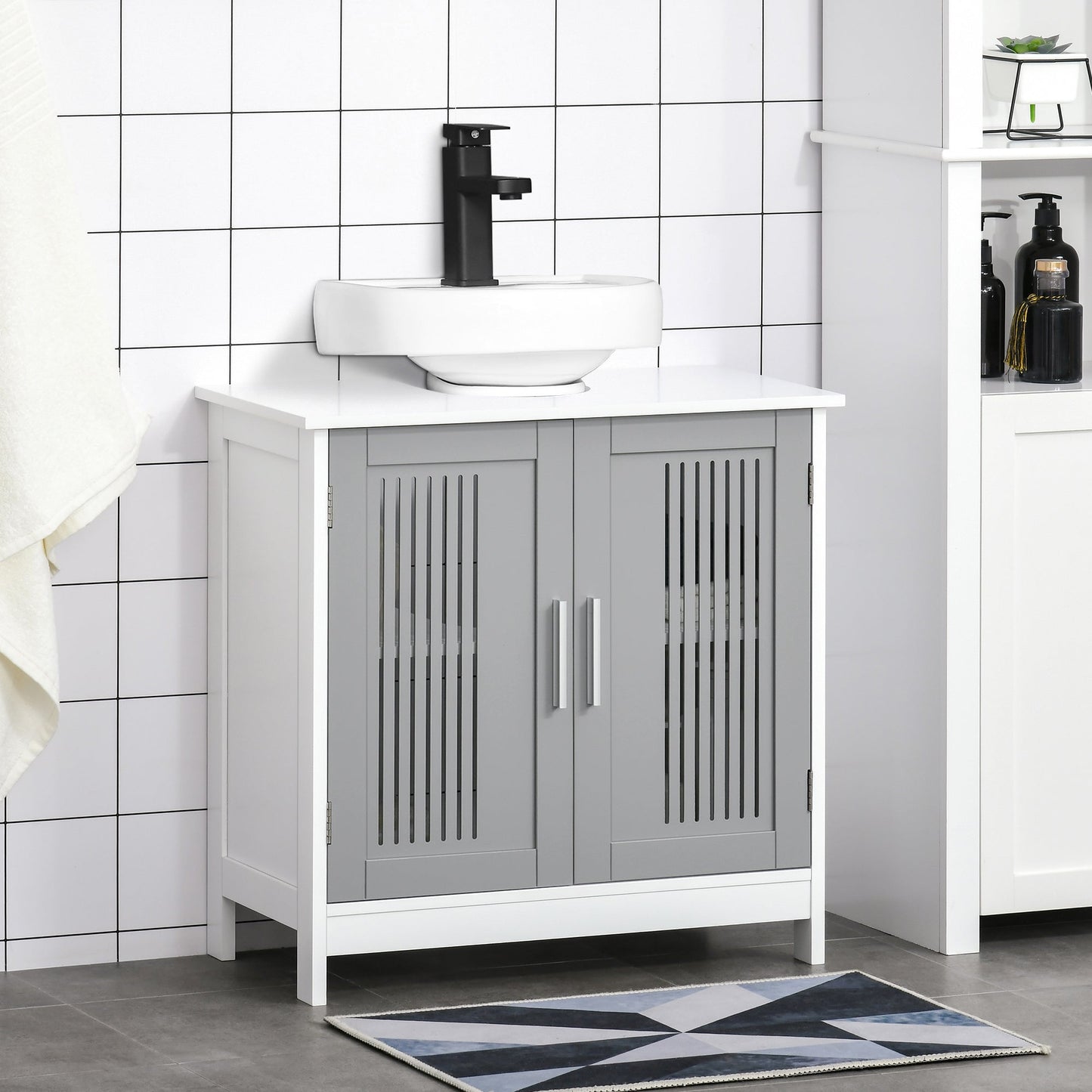 Modern 24" Bathroom Sink Cabinet, Pedestal Sink Storage Cabinet with Double Slat Doors and Shelf, White, Grey - Gallery Canada