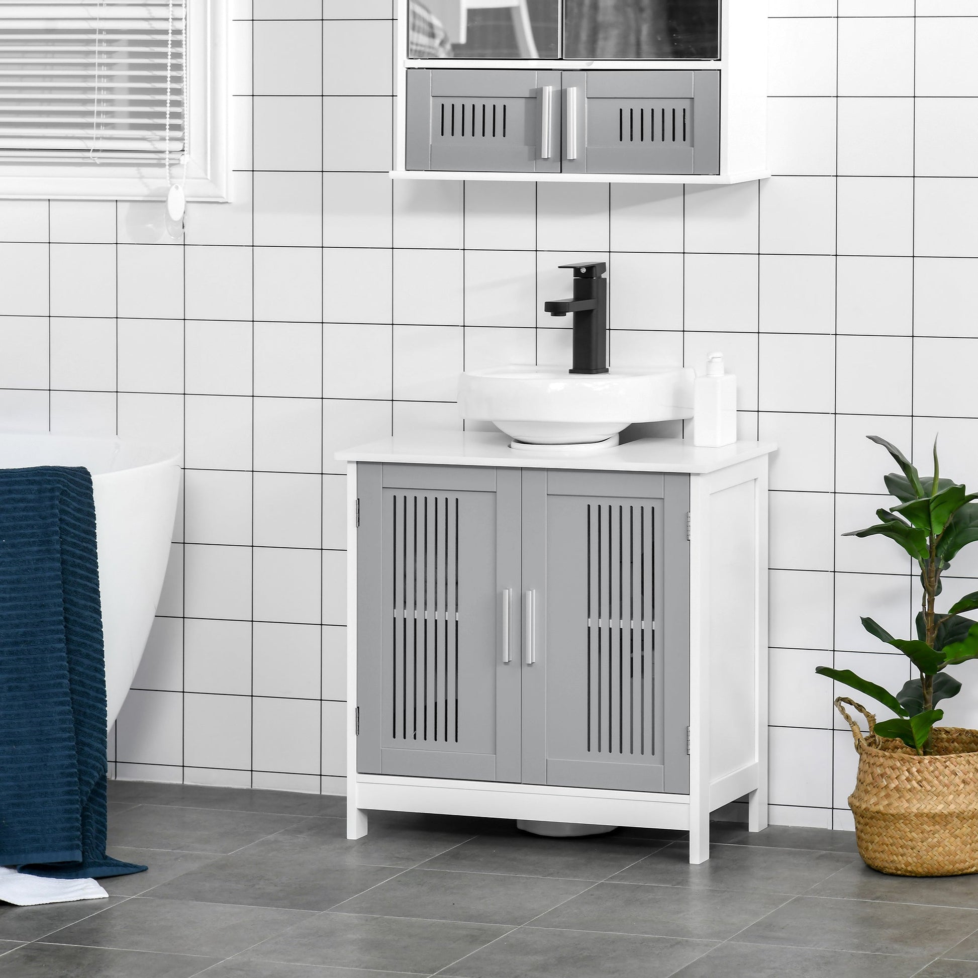 Modern 24" Bathroom Sink Cabinet, Pedestal Sink Storage Cabinet with Double Slat Doors and Shelf, White, Grey Bathroom Cabinets   at Gallery Canada