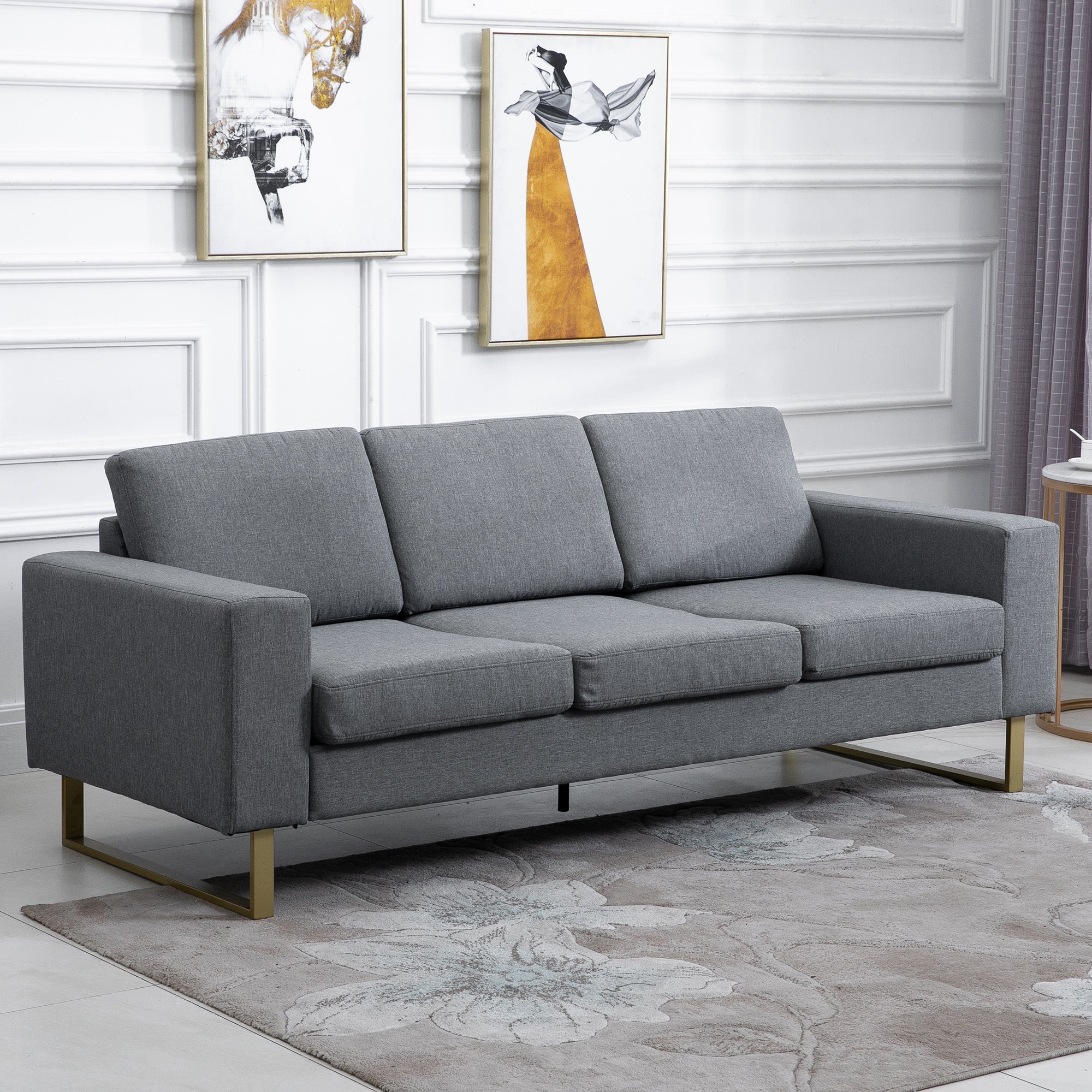 Modern 3 Seat Sofa, Linen Upholstered Cozy Padded Couch with Steel Leg, Backrest and Wide Armrest, Grey 3-Seater Sofas   at Gallery Canada