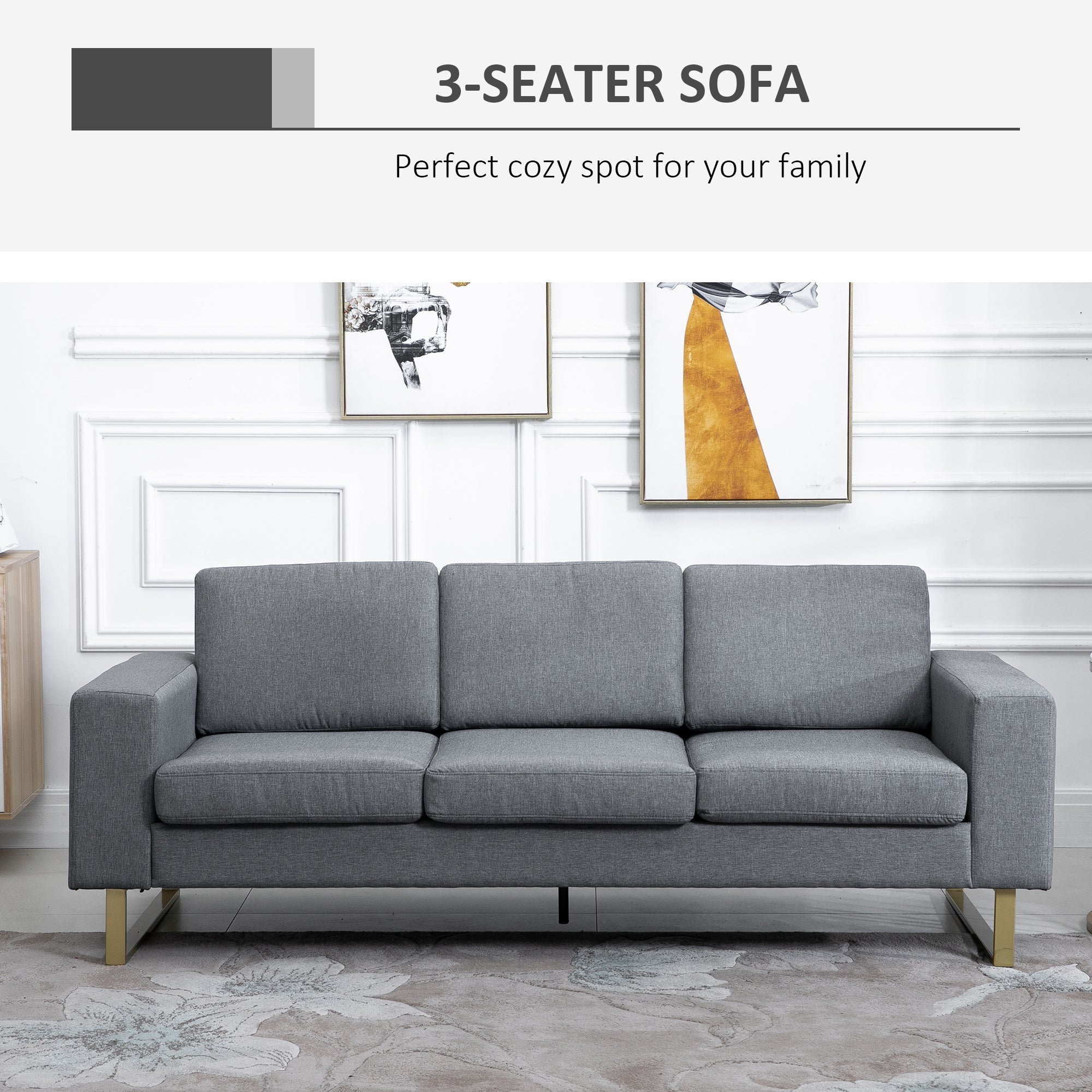 Modern 3 Seat Sofa, Linen Upholstered Cozy Padded Couch with Steel Leg, Backrest and Wide Armrest, Grey 3-Seater Sofas   at Gallery Canada