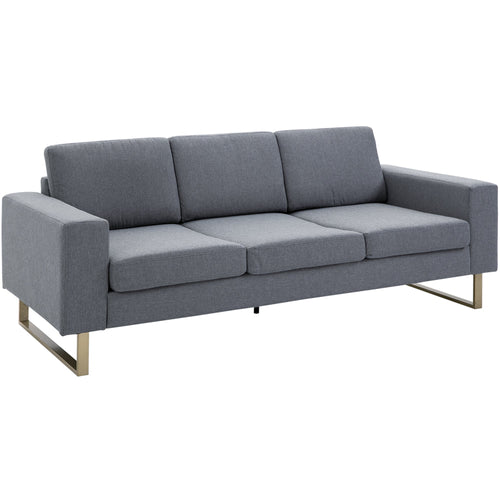 Modern 3 Seat Sofa, Linen Upholstered Cozy Padded Couch with Steel Leg, Backrest and Wide Armrest, Grey