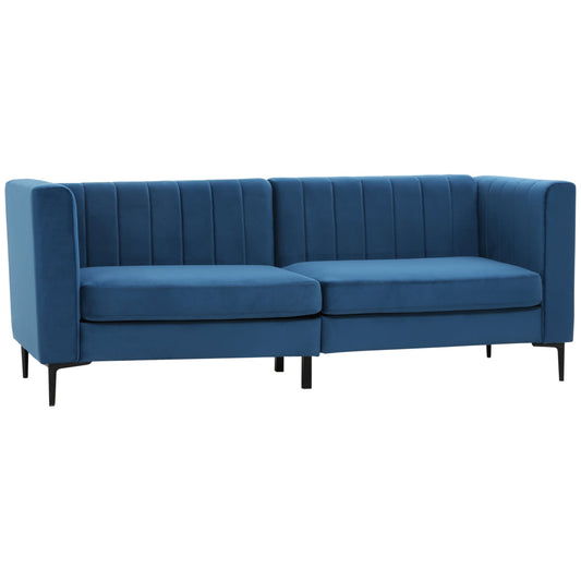 Modern 3-Seater Sofa, 78" Channel Tufted Sofa Couch with Velvet Fabric Upholstery, Steel Legs and Bed Slats for Living Room, Bedroom and Flat, Blue 3-Seater Sofas Dark Blue  at Gallery Canada