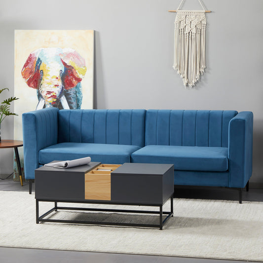 Modern 3-Seater Sofa, 78" Channel Tufted Sofa Couch with Velvet Fabric Upholstery, Steel Legs and Bed Slats for Living Room, Bedroom and Flat, Blue 3-Seater Sofas Dark Blue  at Gallery Canada