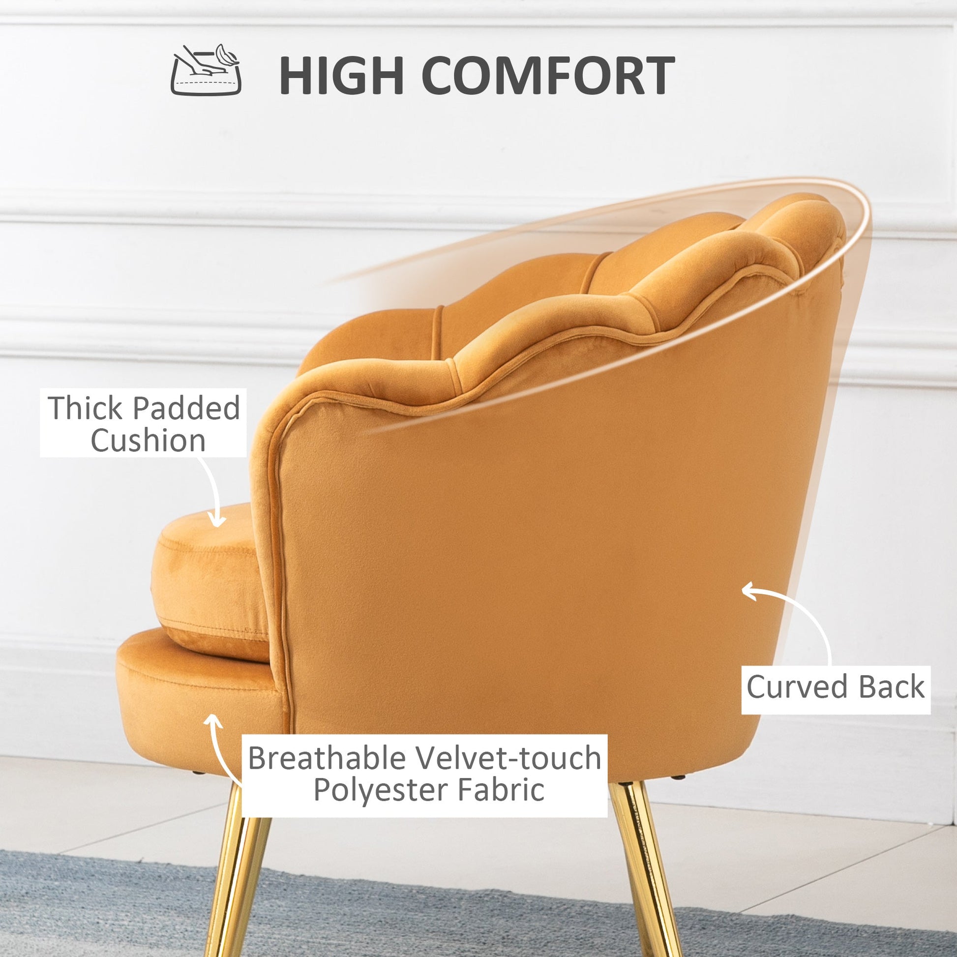 Modern Accent Chair, Velvet-Touch Fabric Leisure Club Chair with Gold Metal Legs for Bedroom, Yellow Accent Chairs   at Gallery Canada