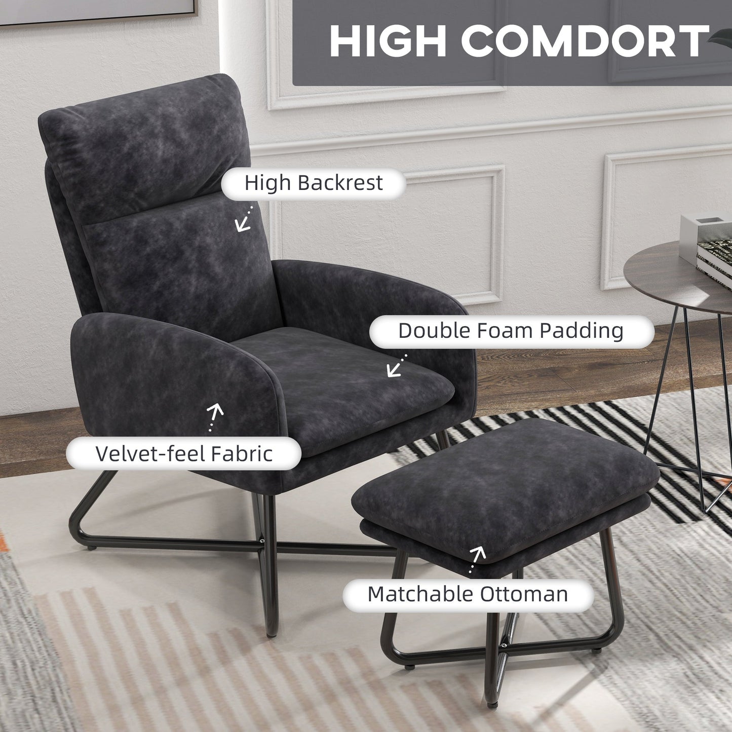 Modern Accent Chair with Ottoman, Upholstered Armchair with Footrest, Cross Metal Legs and Padded Cushion for Living Room, Bedroom, Dark Grey Accent Chairs   at Gallery Canada