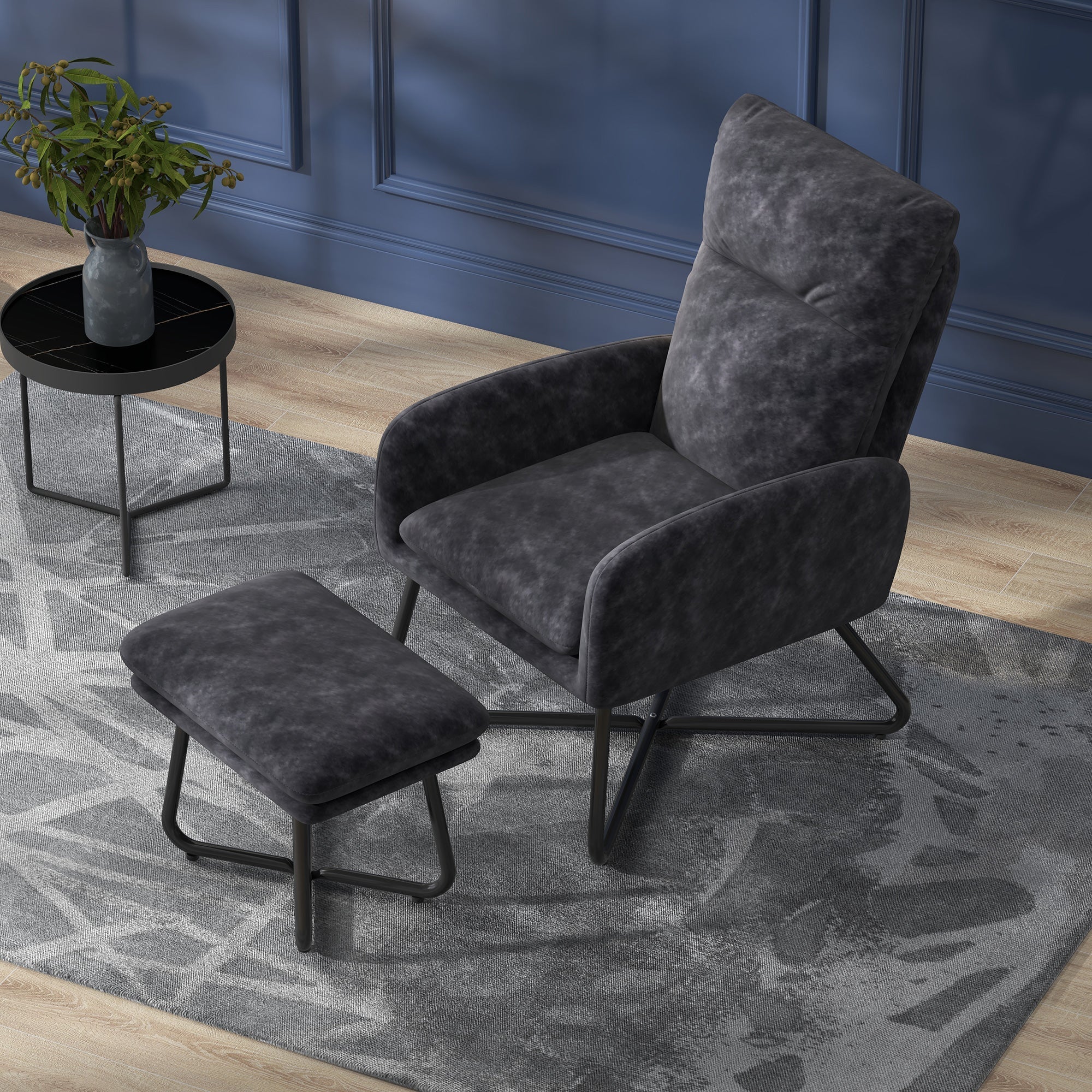 Modern Accent Chair with Ottoman, Upholstered Armchair with Footrest, Cross Metal Legs and Padded Cushion for Living Room, Bedroom, Dark Grey Accent Chairs   at Gallery Canada