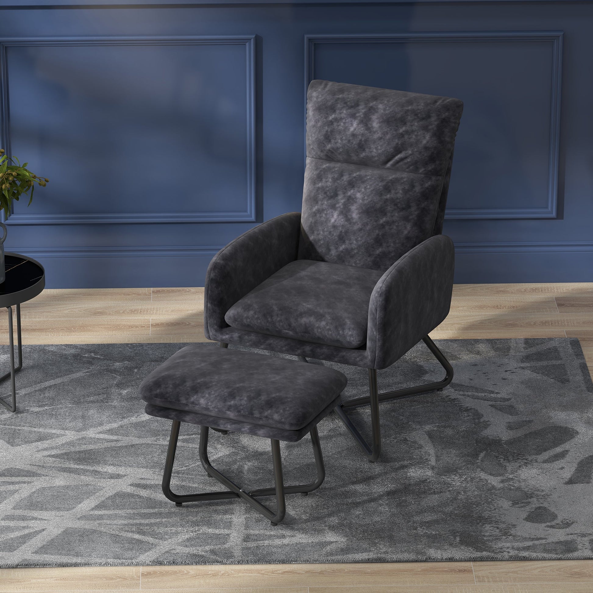 Modern Accent Chair with Ottoman, Upholstered Armchair with Footrest, Cross Metal Legs and Padded Cushion for Living Room, Bedroom, Dark Grey Accent Chairs   at Gallery Canada