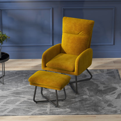 Modern Accent Chair with Ottoman, Upholstered Armchair with Footrest, Cross Metal Legs and Padded Cushion for Living Room, Bedroom, Yellow Accent Chairs   at Gallery Canada