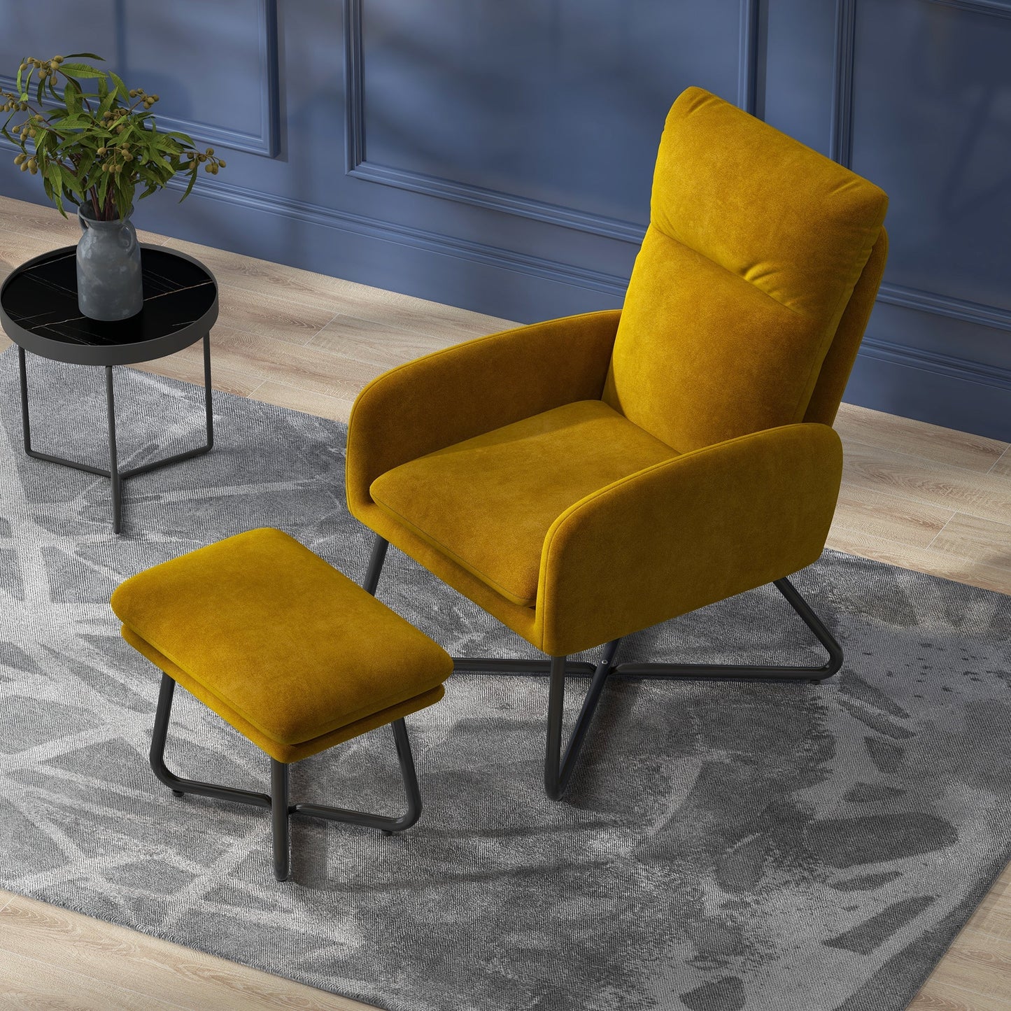 Modern Accent Chair with Ottoman, Upholstered Armchair with Footrest, Cross Metal Legs and Padded Cushion for Living Room, Bedroom, Yellow Accent Chairs   at Gallery Canada