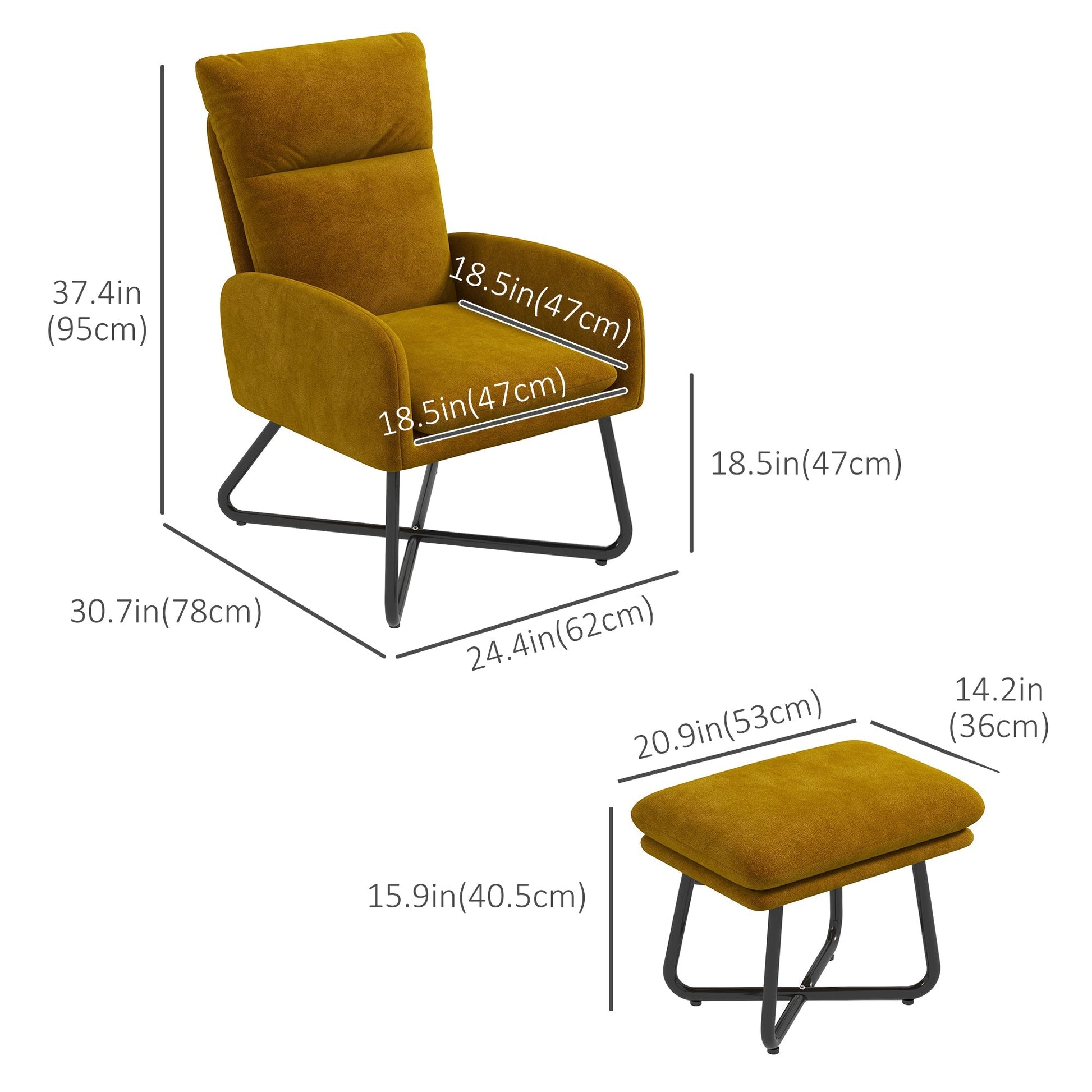 Modern Accent Chair with Ottoman, Upholstered Armchair with Footrest, Cross Metal Legs and Padded Cushion for Living Room, Bedroom, Yellow Accent Chairs   at Gallery Canada