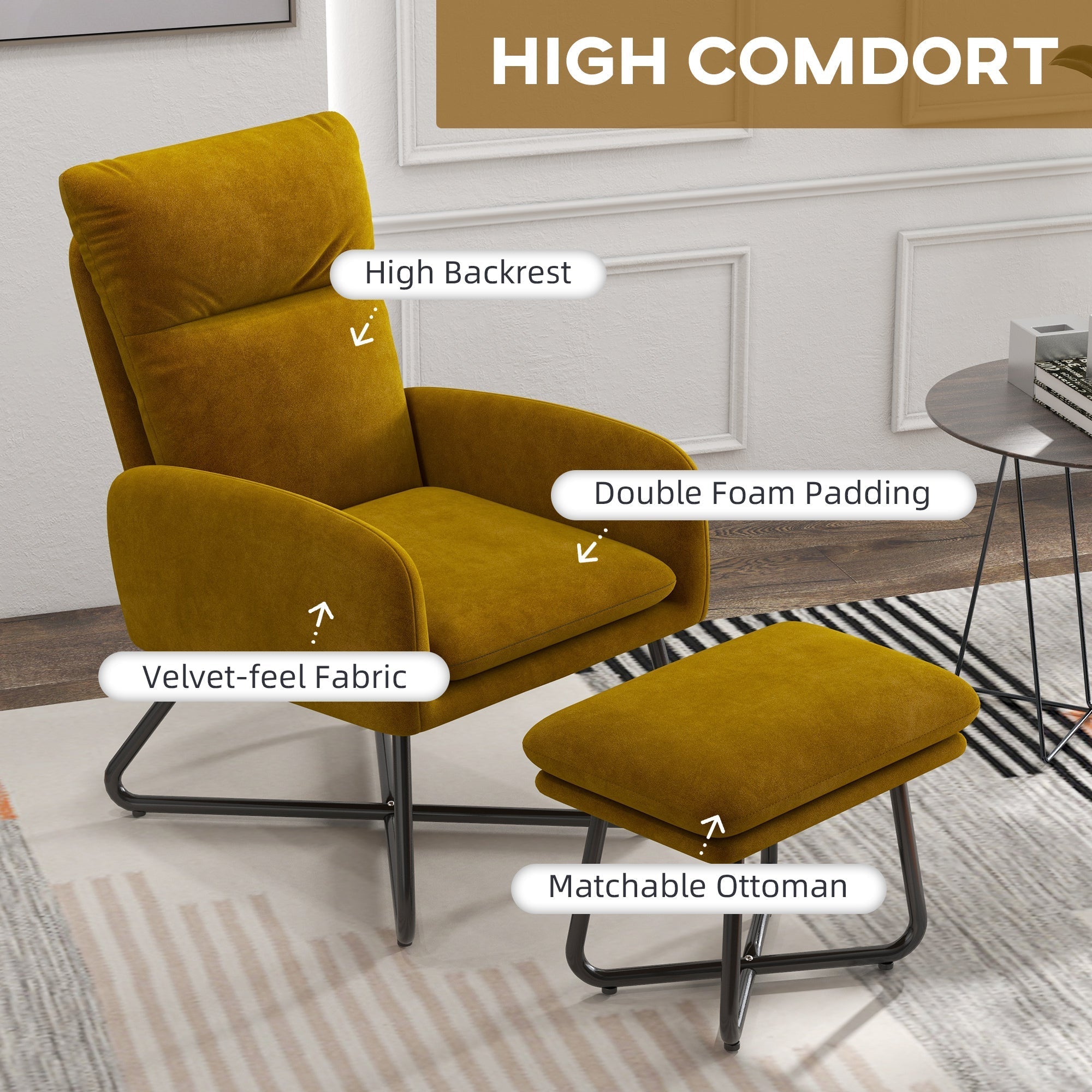 Modern Accent Chair with Ottoman, Upholstered Armchair with Footrest, Cross Metal Legs and Padded Cushion for Living Room, Bedroom, Yellow Accent Chairs   at Gallery Canada