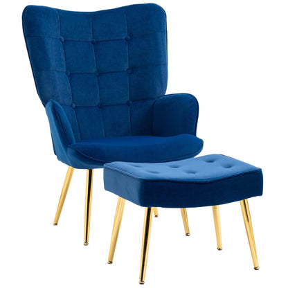 Modern Accent Chair with Ottoman, Upholstered Armchair with Footrest, Gold Metal Legs for Living Room, Bedroom, Dark Blue Accent Chairs Dark Blue  at Gallery Canada