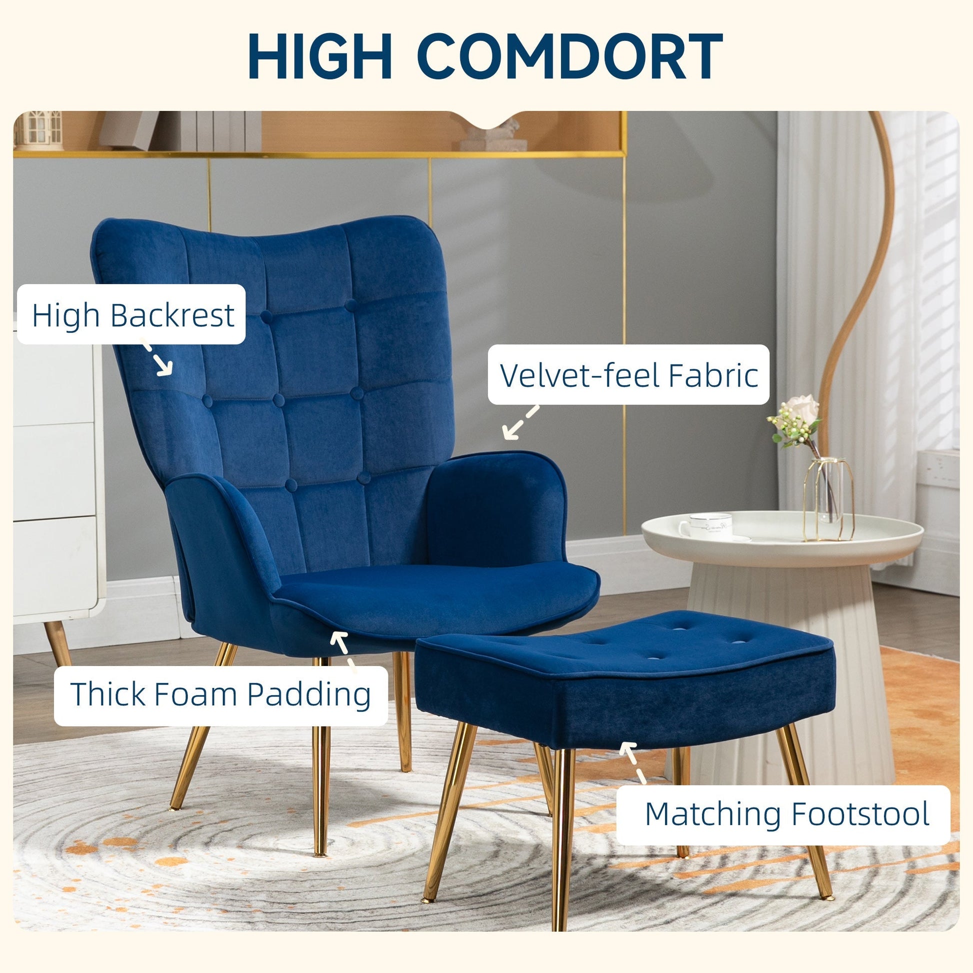 Modern Accent Chair with Ottoman, Upholstered Armchair with Footrest, Gold Metal Legs for Living Room, Bedroom, Dark Blue Accent Chairs   at Gallery Canada