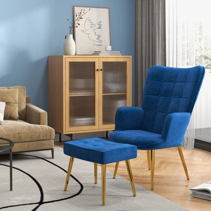 Modern Accent Chair with Ottoman, Upholstered Armchair with Footrest, Gold Metal Legs for Living Room, Bedroom, Dark Blue Accent Chairs   at Gallery Canada