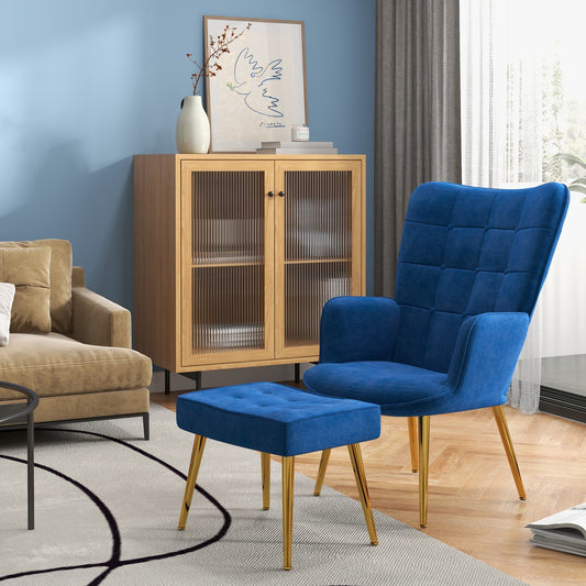 Modern Accent Chair with Ottoman, Upholstered Armchair with Footrest, Gold Metal Legs for Living Room, Bedroom, Dark Blue Accent Chairs Dark Blue  at Gallery Canada