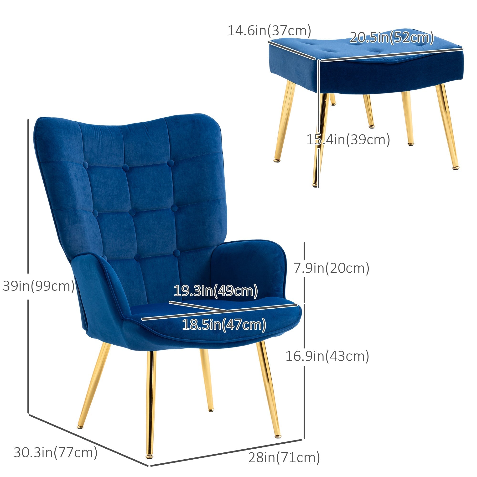 Modern Accent Chair with Ottoman, Upholstered Armchair with Footrest, Gold Metal Legs for Living Room, Bedroom, Dark Blue Accent Chairs   at Gallery Canada