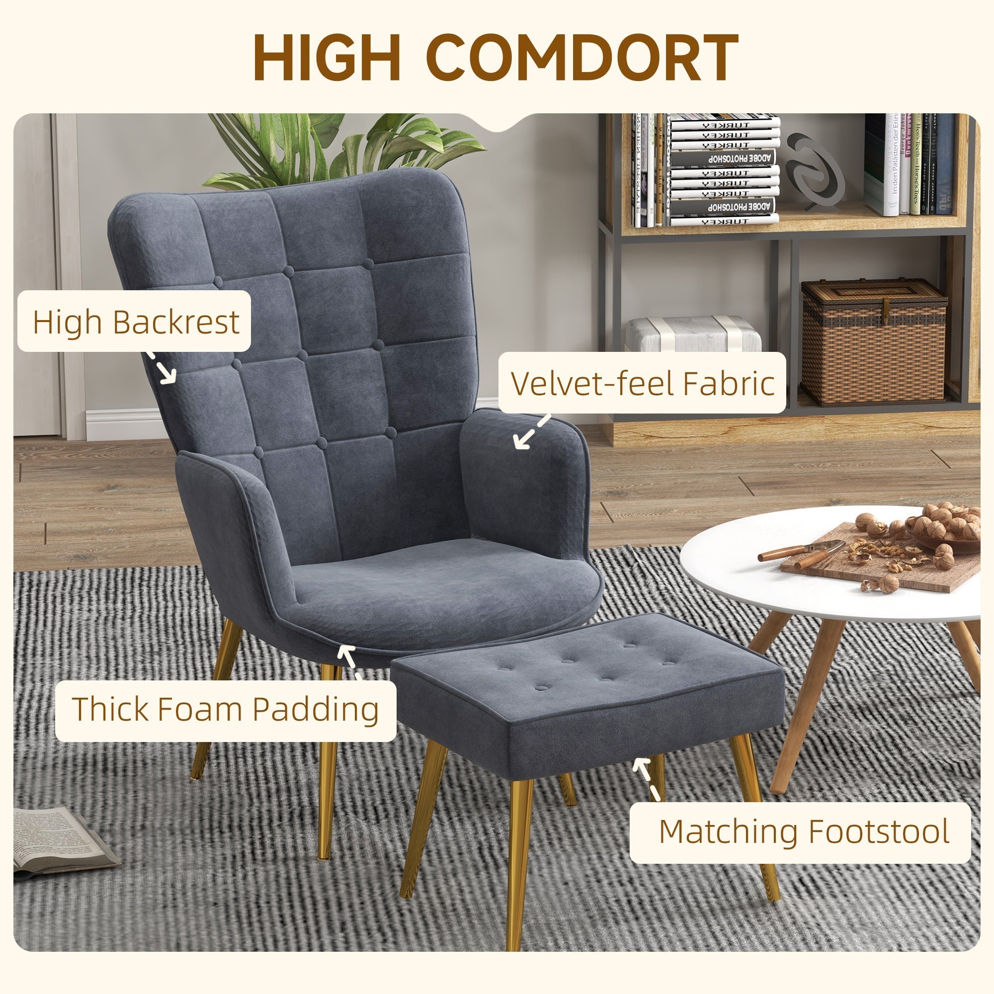 Modern Accent Chair with Ottoman, Upholstered Armchair with Footrest, Gold Metal Legs for Living Room, Bedroom, Dark Grey Accent Chairs   at Gallery Canada