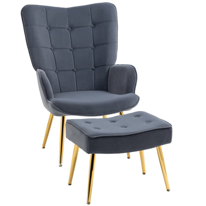 Modern Accent Chair with Ottoman, Upholstered Armchair with Footrest, Gold Metal Legs for Living Room, Bedroom, Dark Grey Accent Chairs Dark Grey  at Gallery Canada