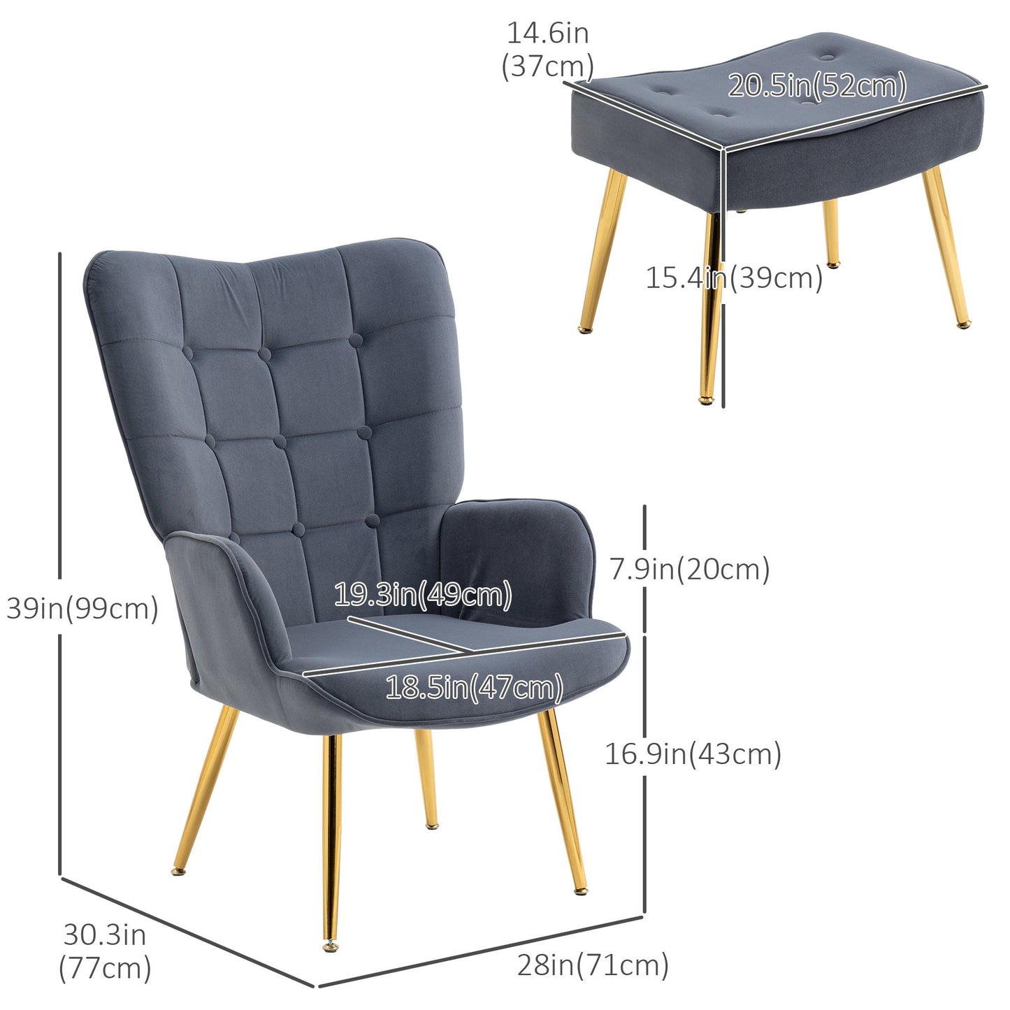 Modern Accent Chair with Ottoman, Upholstered Armchair with Footrest, Gold Metal Legs for Living Room, Bedroom, Dark Grey Accent Chairs   at Gallery Canada