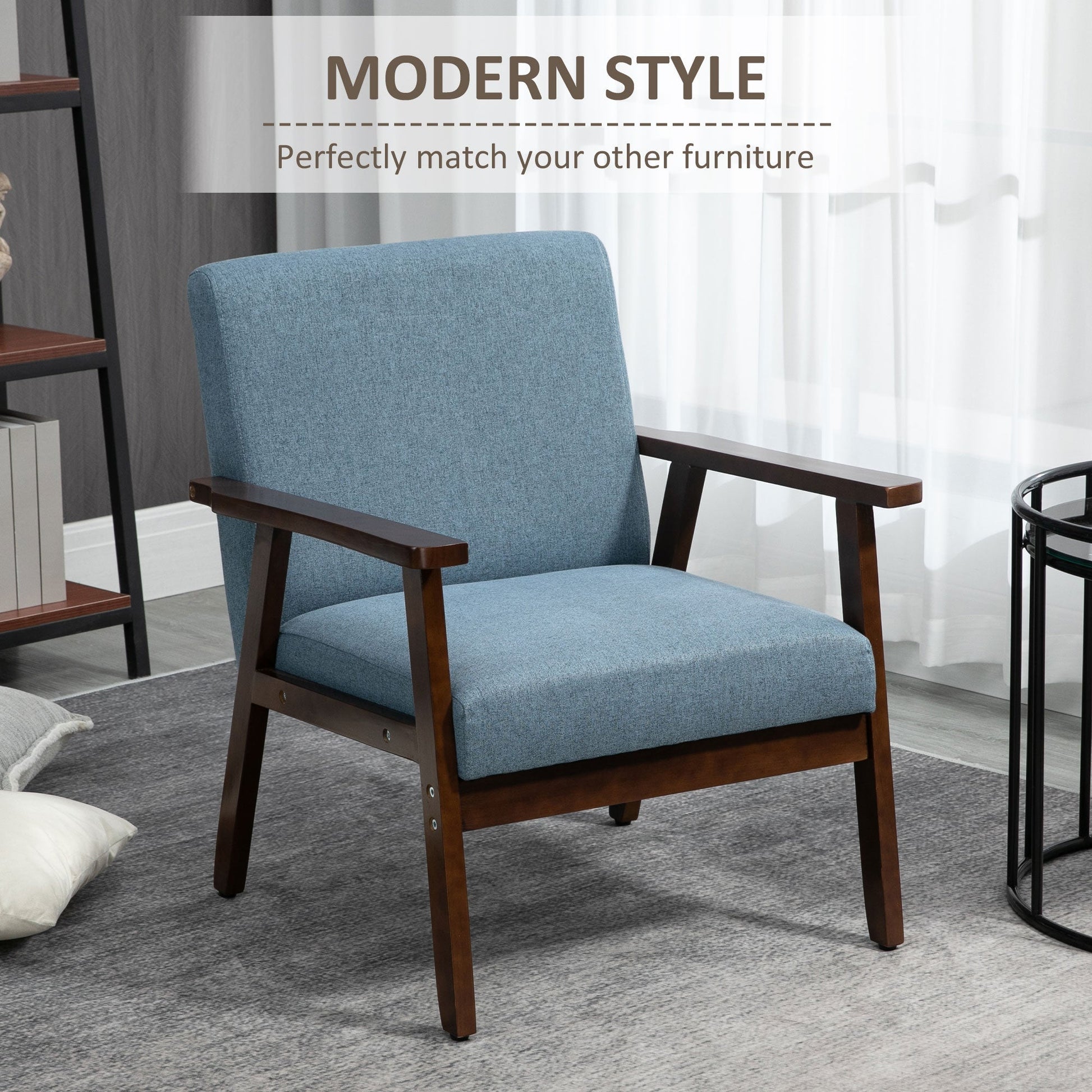 Modern Accent Chairs with Cushioned Seat, Upholstered Linen-Feel Armchair for Bedroom, Living Room Blue Accent Chairs   at Gallery Canada