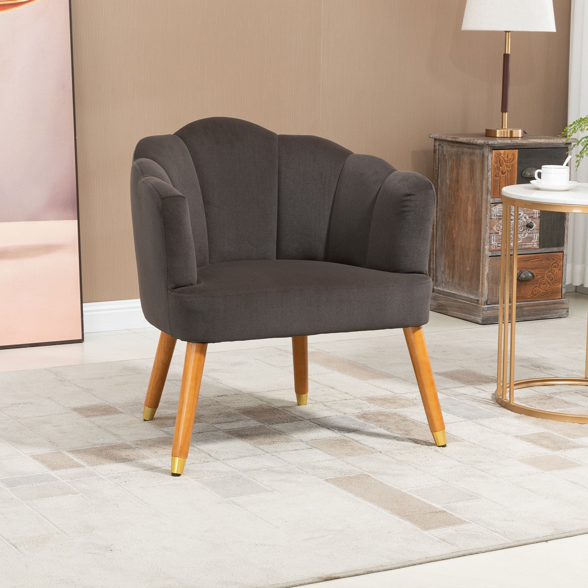 Modern Accent Chairs with Cushioned Seat, Upholstered Velvet Armchair for Bedroom, Living Room Chair with Arms and Wood Legs, Brown Accent Chairs   at Gallery Canada