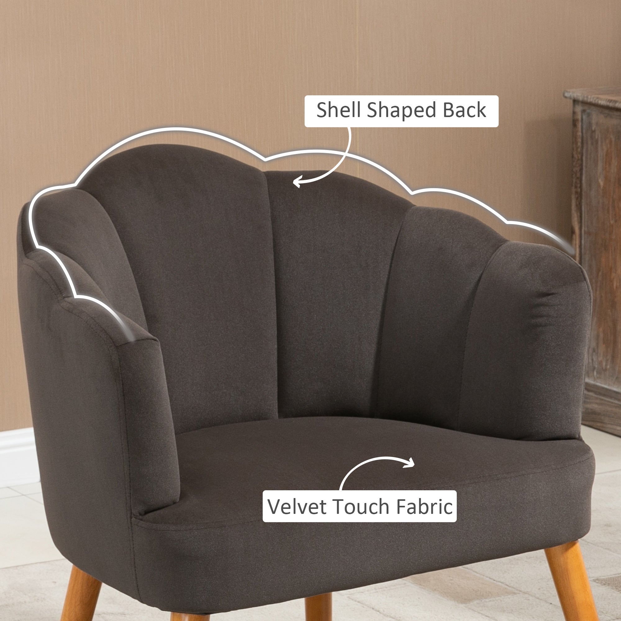 Modern Accent Chairs with Cushioned Seat, Upholstered Velvet Armchair for Bedroom, Living Room Chair with Arms and Wood Legs, Brown Accent Chairs   at Gallery Canada