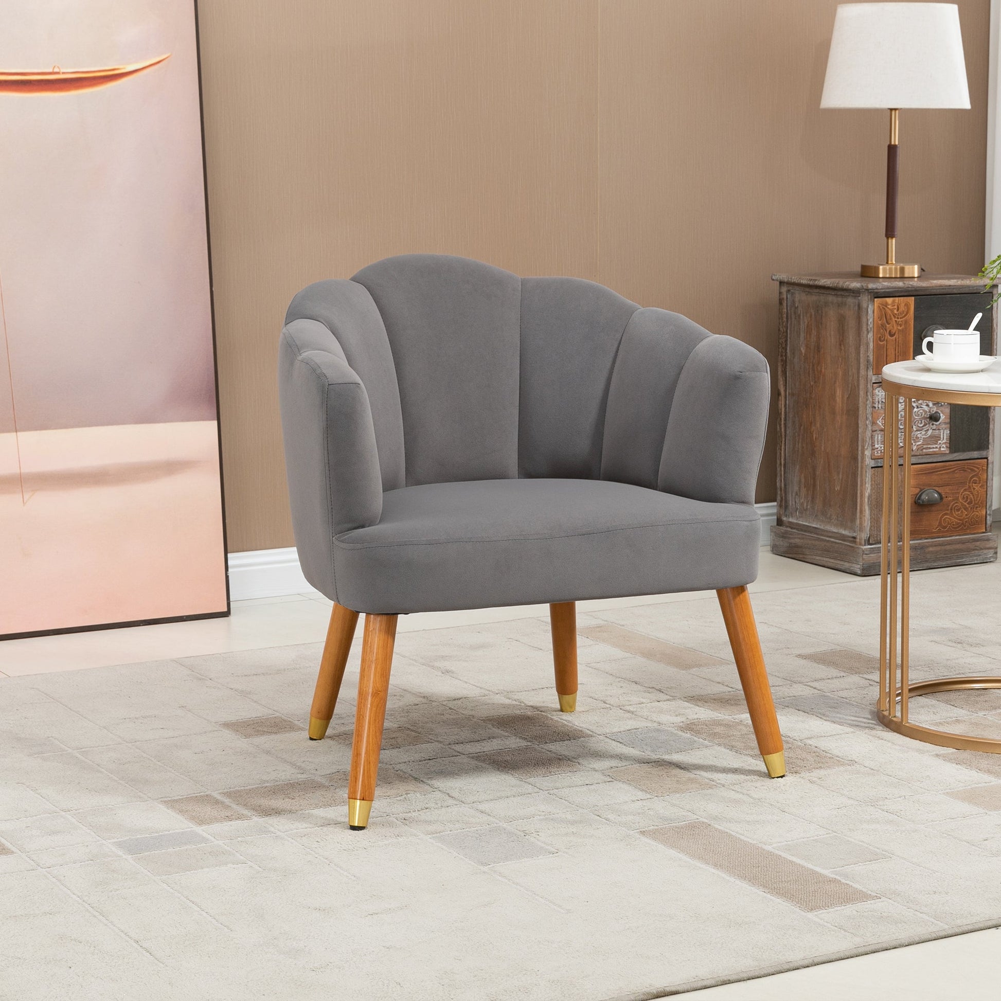 Modern Accent Chairs with Cushioned Seat, Upholstered Velvet Armchair for Bedroom, Living Room Chair with Arms and Wood Legs, Grey Accent Chairs   at Gallery Canada