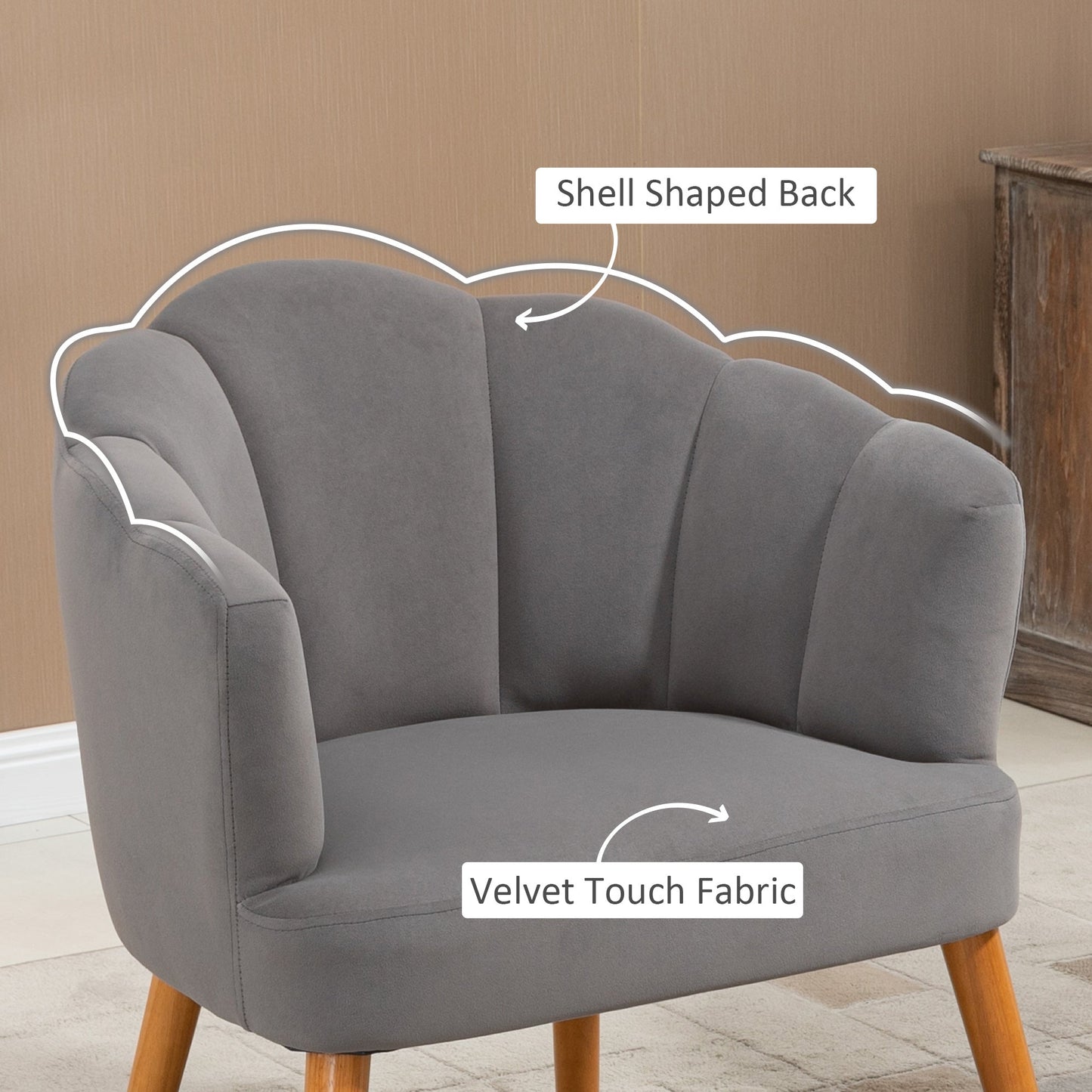 Modern Accent Chairs with Cushioned Seat, Upholstered Velvet Armchair for Bedroom, Living Room Chair with Arms and Wood Legs, Grey Accent Chairs   at Gallery Canada