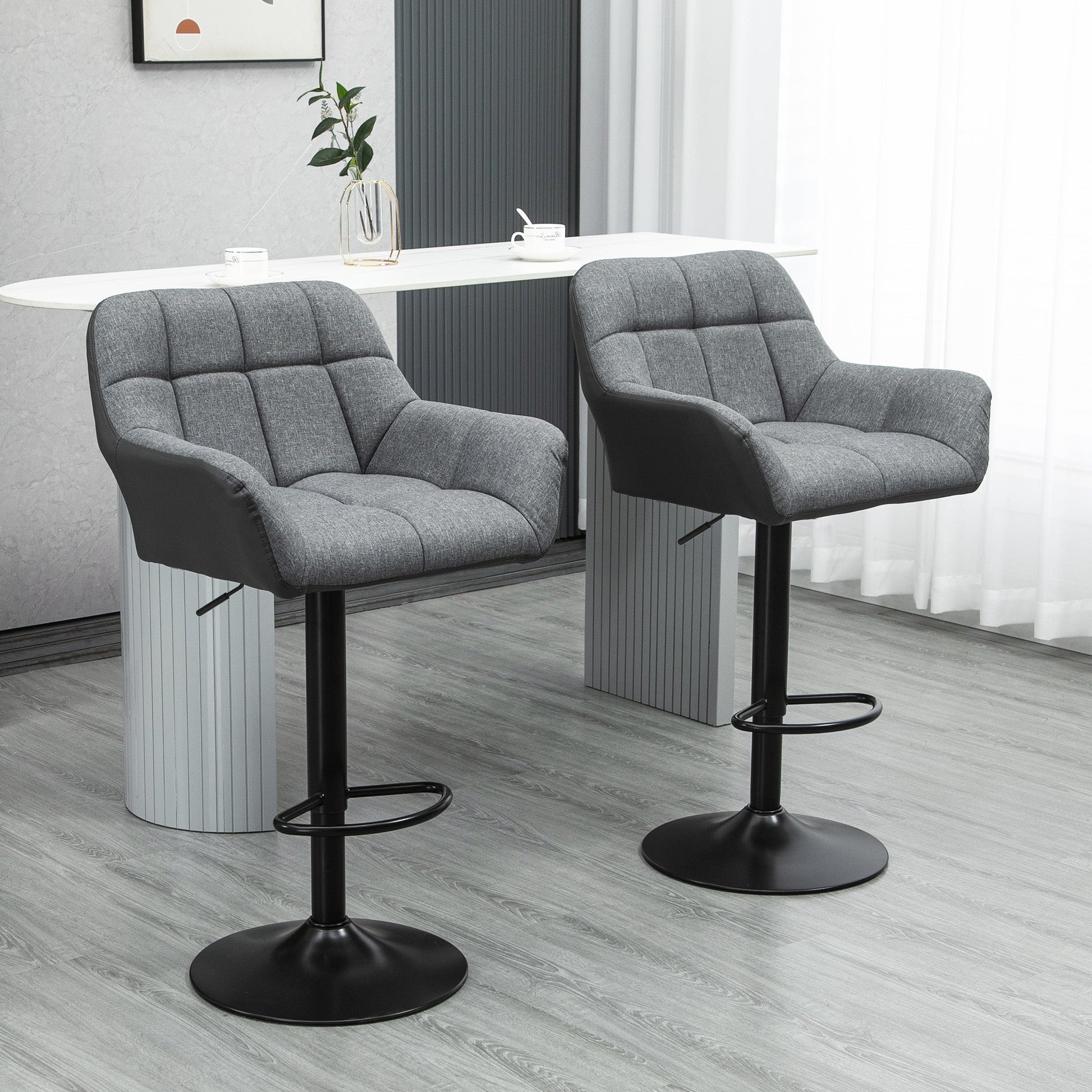 Set of 2 Modern Swivel Tufted Fabric Bar Stools with Footrest and Armrests, Grey Bar Stools   at Gallery Canada