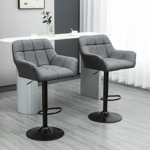 Set of 2 Modern Swivel Tufted Fabric Bar Stools with Footrest and Armrests, Grey