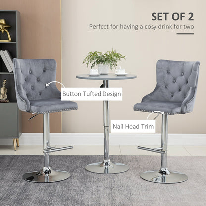 Modern Adjustable Bar Stools Set of 2, Swivel Velvet Barstools with Button Tufted Back, Footrest, Nailhead Trim for Home Bar, Grey Bar Stools   at Gallery Canada